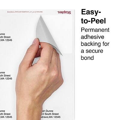Easy-to-Peel Permanent adhesive backing for a secure bond

1668164 JMy U eyquedao
an jom unne uth Street AM, 12345
Staples

ah Dunne
10 South Street
Drews, MA 12345