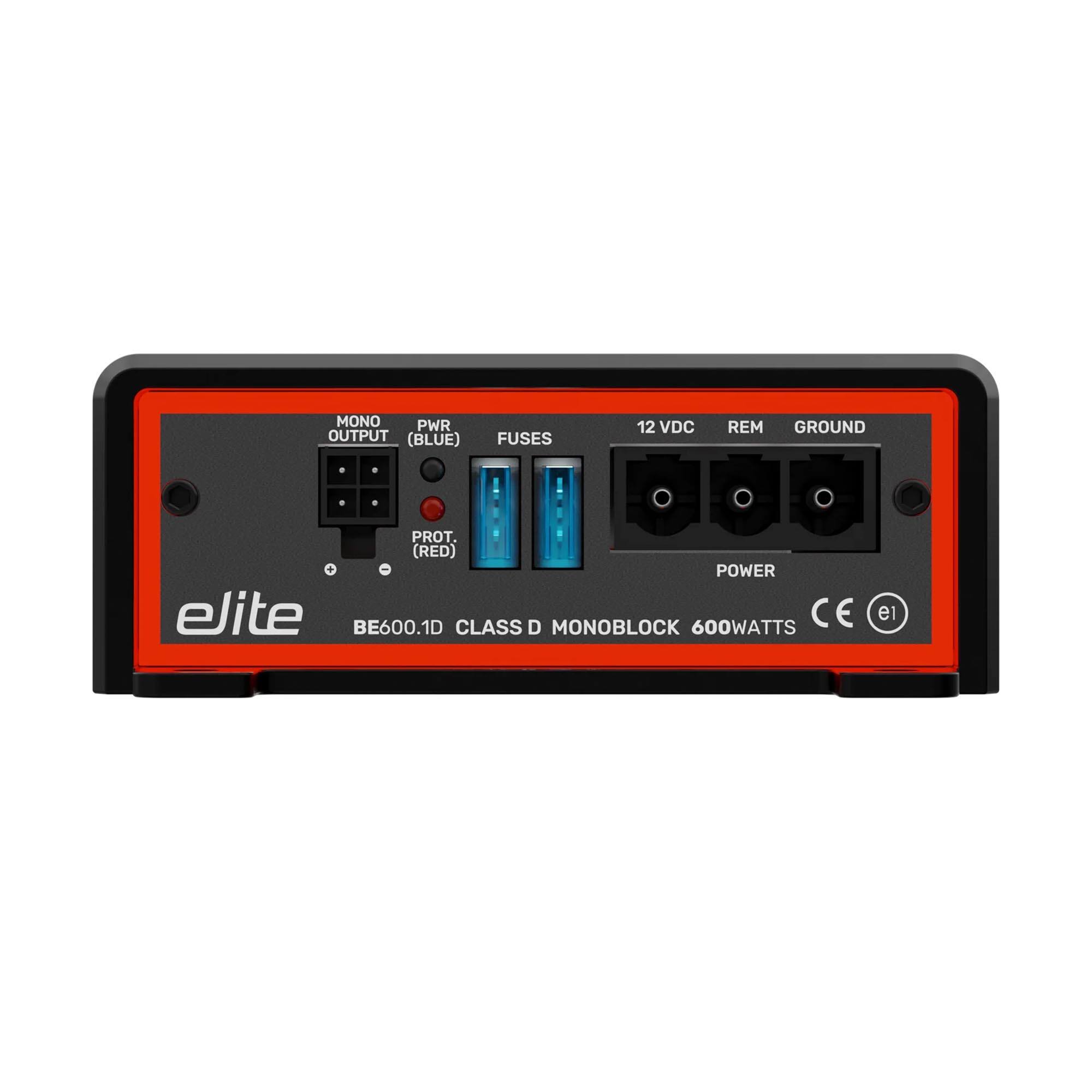 MONO PWR OUTPUT (BLUE) FUSES 12 VDC REM GROUND PROT (RED) + POWER elite BE600.1D CLASS D MONOBLOCK 600WATTS CE e1