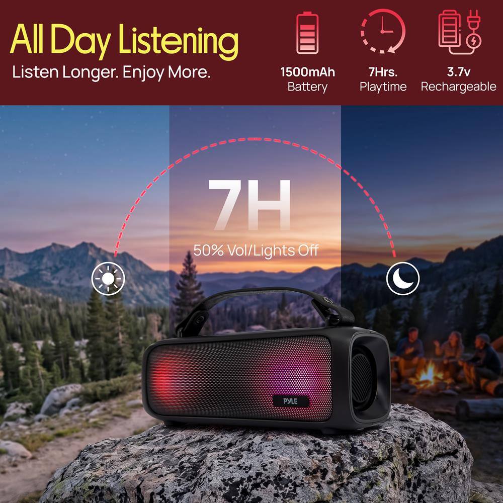 All Day Listening  
Listen Longer. Enjoy More.  
1500mAh Battery  
7Hrs. Playtime  
3.7v Rechargeable  
7H  
50% Vol/Lights Off  
PYLE