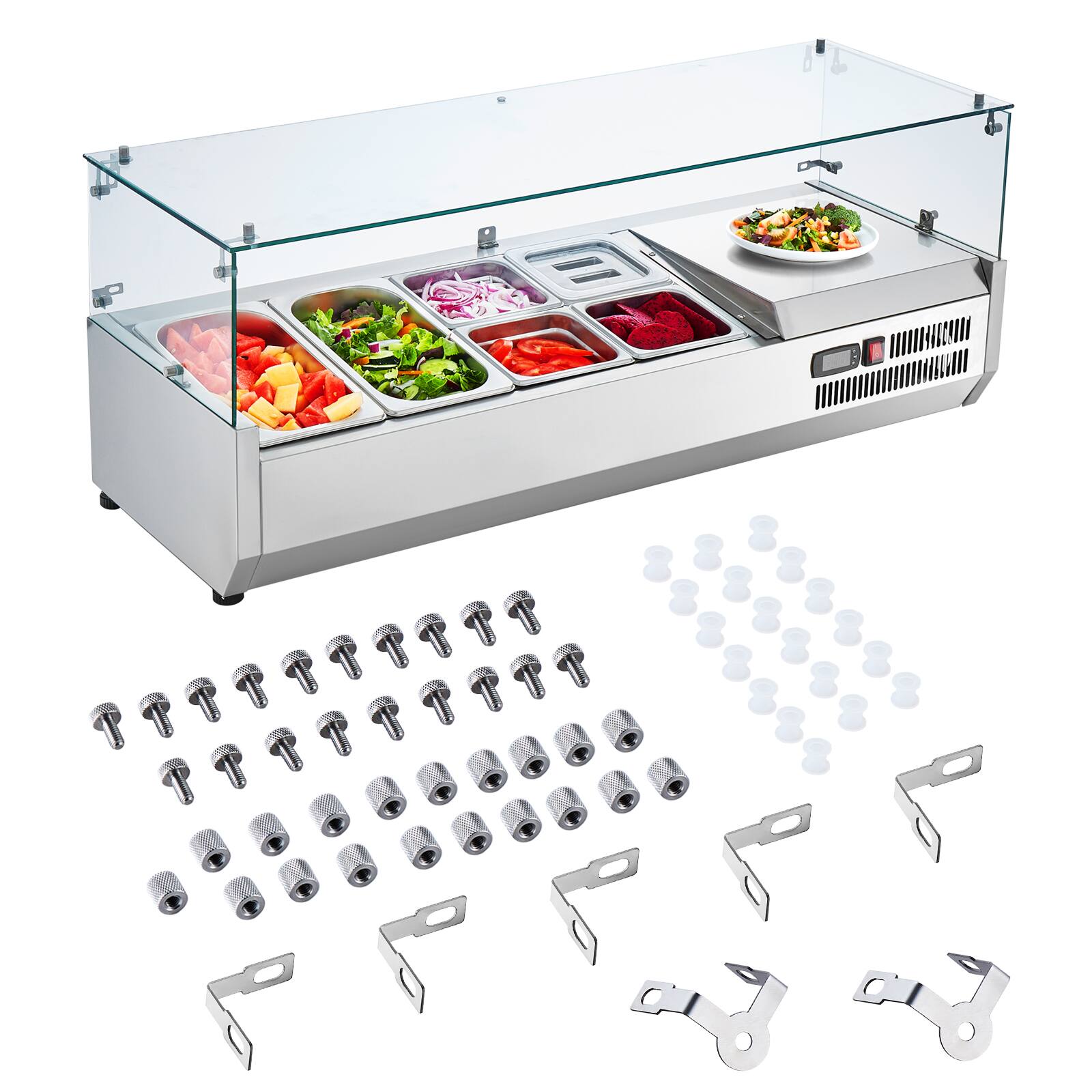 Alt View 5. VEVOR - Refrigerated Condiment Prep Station, 135 W Countertop Refrigerated Condiment Station, with 2 1/3 Pans & 4 1/6 Pans - Silver.