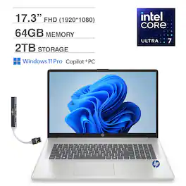 HP - 17 Laptop 17.3 FHD (Intel Ultra 7-255U, 64GB DDR5, 2TB PCIe SSD, Intel Graphics, Win 11 Pro) w/USB Hub - Natural Silver