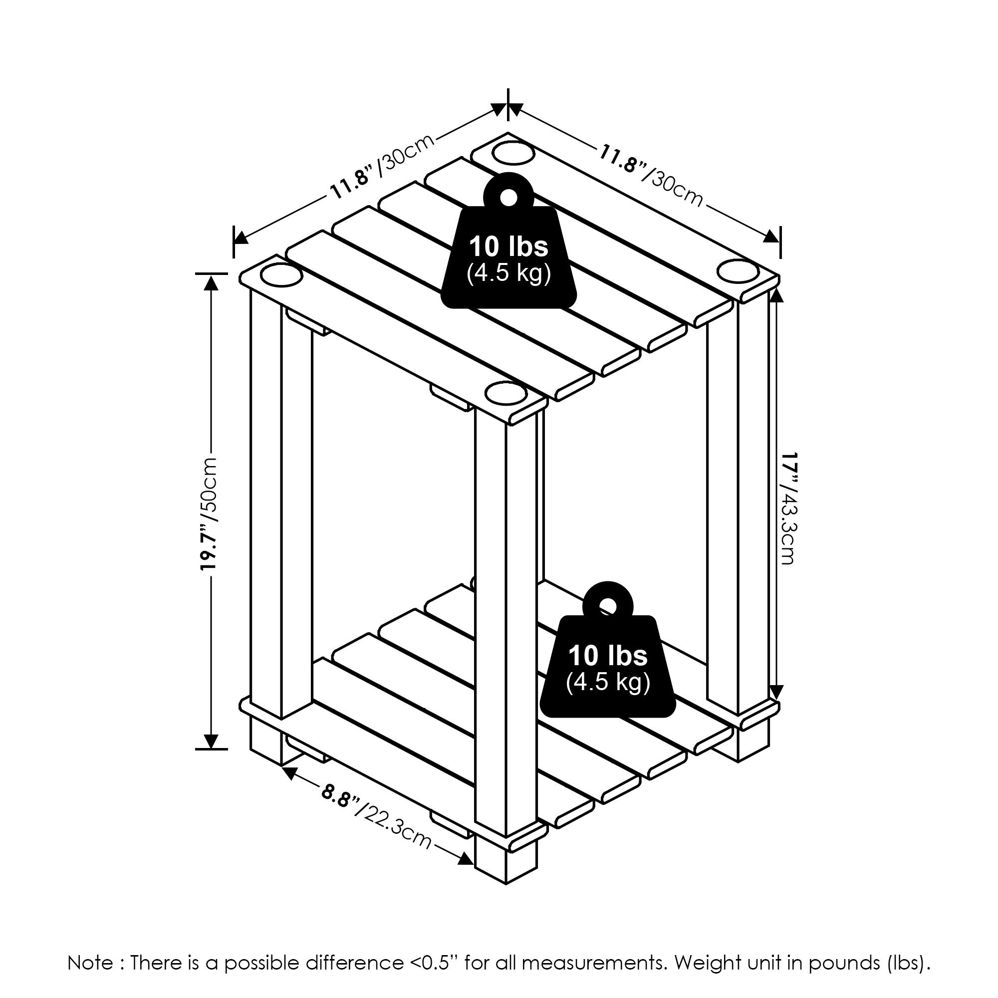 - Top surface: 11.8" / 30cm
- Height: 19.7" / 50cm
- Step height: 17" / 43.3cm
- Base width: 8.8" / 22.3cm
- Weight capacity: 10 lbs (4.5 kg)

Note: There is a possible difference <0.5" for all measurements. Weight unit in pounds (lbs).