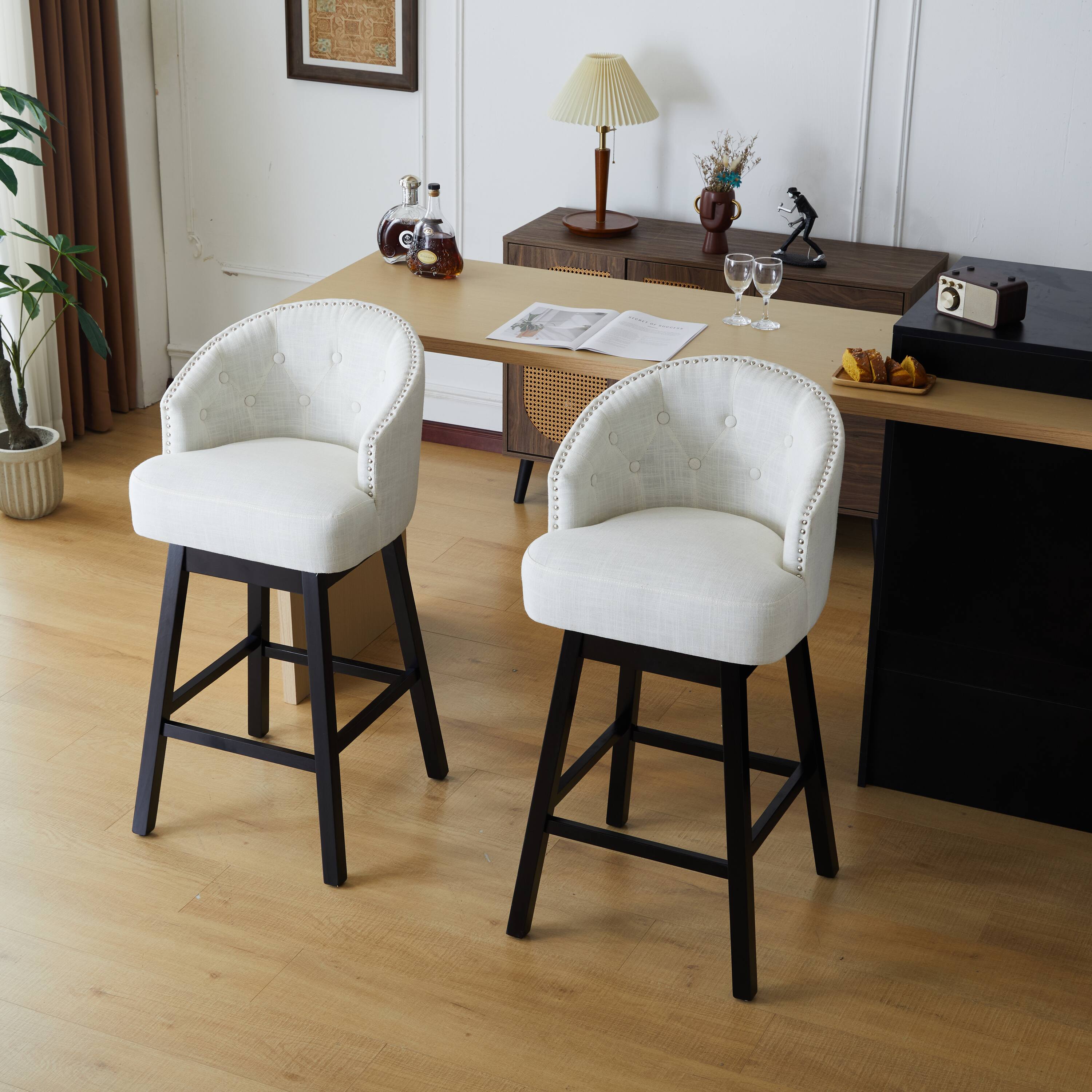 Back. APRILSOUL - 33.25 Swivel Counter Stools Set of 2 Upholstered Solid Rubber Wood Frame Backrest Black Beige - Black.