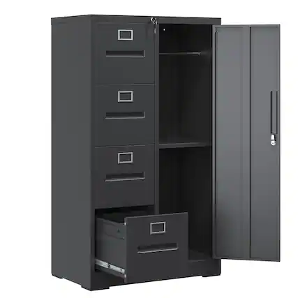 Front. Ecooso - 4 Drawer Metal Vertical File Cabinet with Lock, Steel Office File Storage Organizer with Extra Door Compartment - Black.