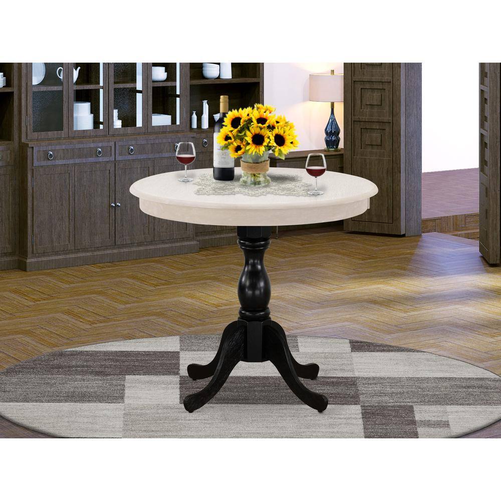 Angle. East West Furniture - East West Furniture Antique 36" Round Kitchen Table for Compact Space - Wirebrushed Butter Cream Top & Black Pedestal - Multi-Color.