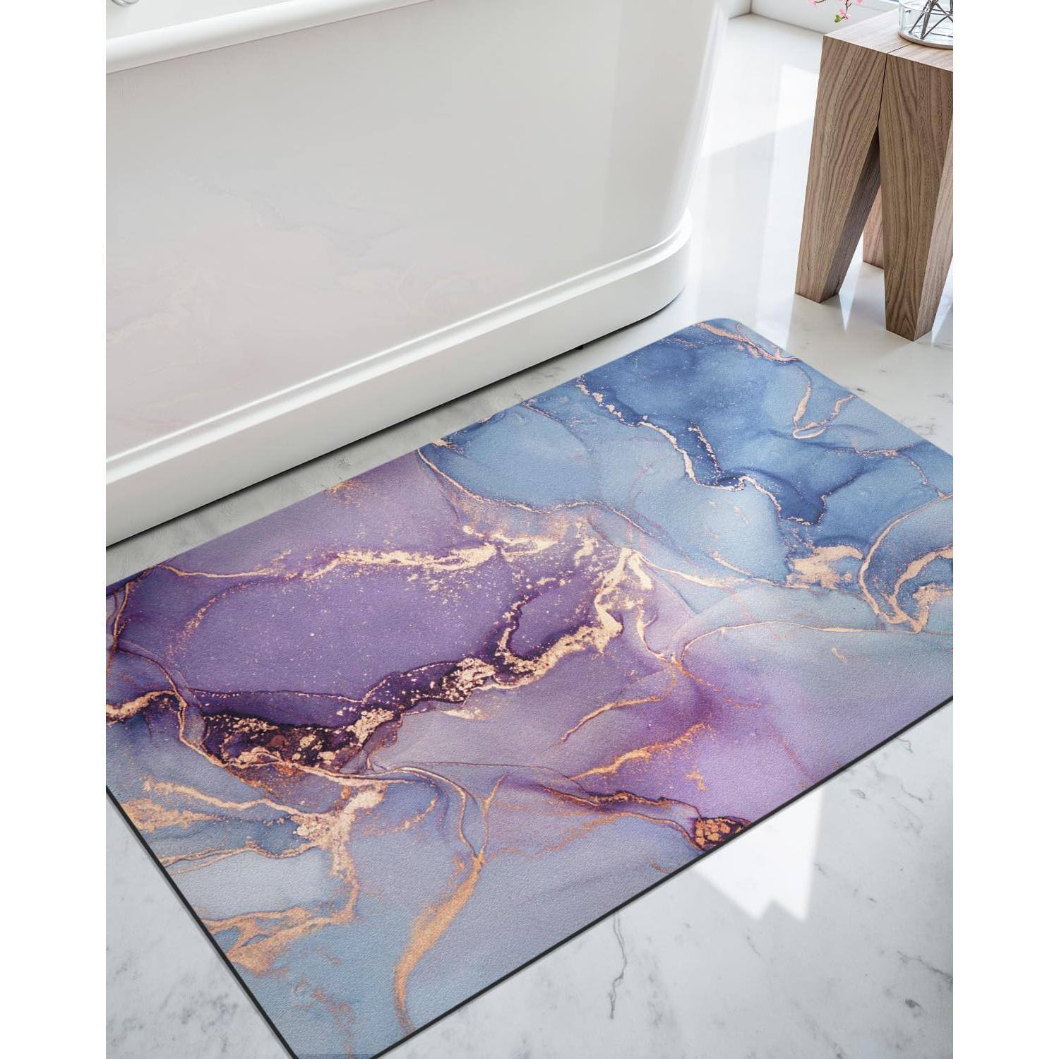 Front. Paradigms Interiors - Bathroom Mat Ultra Thin Non Slip Bath Rug For Shower Floor Absorbent Quick Dry Marble Bathmats Low Profile Turquoise - Blue and Purple-1'4" x 2' (Rectangular).