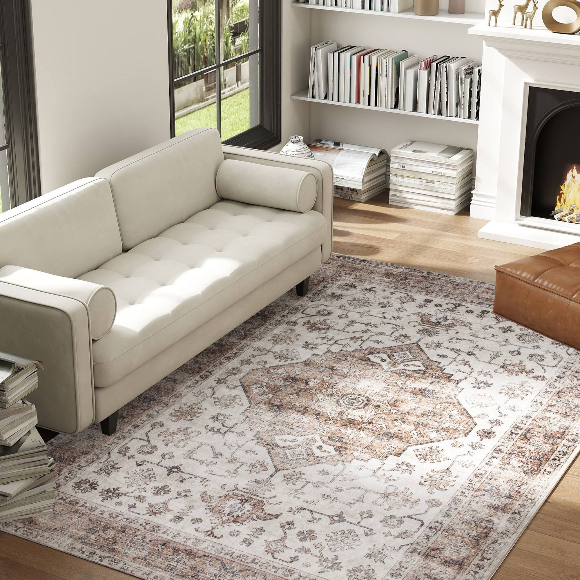 Alt View 2. Homcom - HOMCOM 5x7 Vintage Carpet: Mach-Wash Tan Distress Non-Slip Rug, Indoor Boho Living Room - Tan.