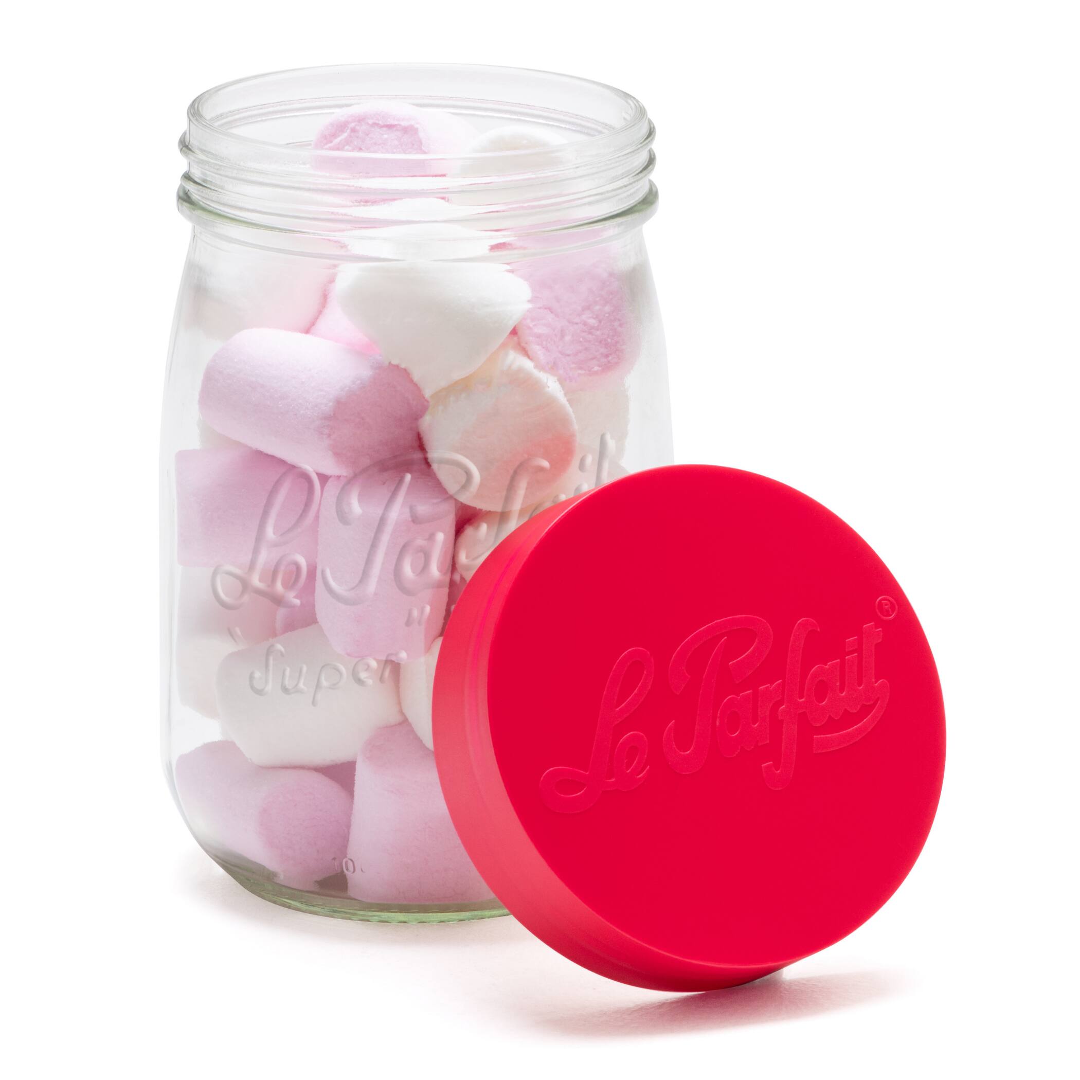 Alt View 1. Le Parfait - Screw Top Jar - 1L Wide Mouth French Glass Canning Jar w/ Color Plastic Lid, 32oz/Quart (Pack of 4) - RED.