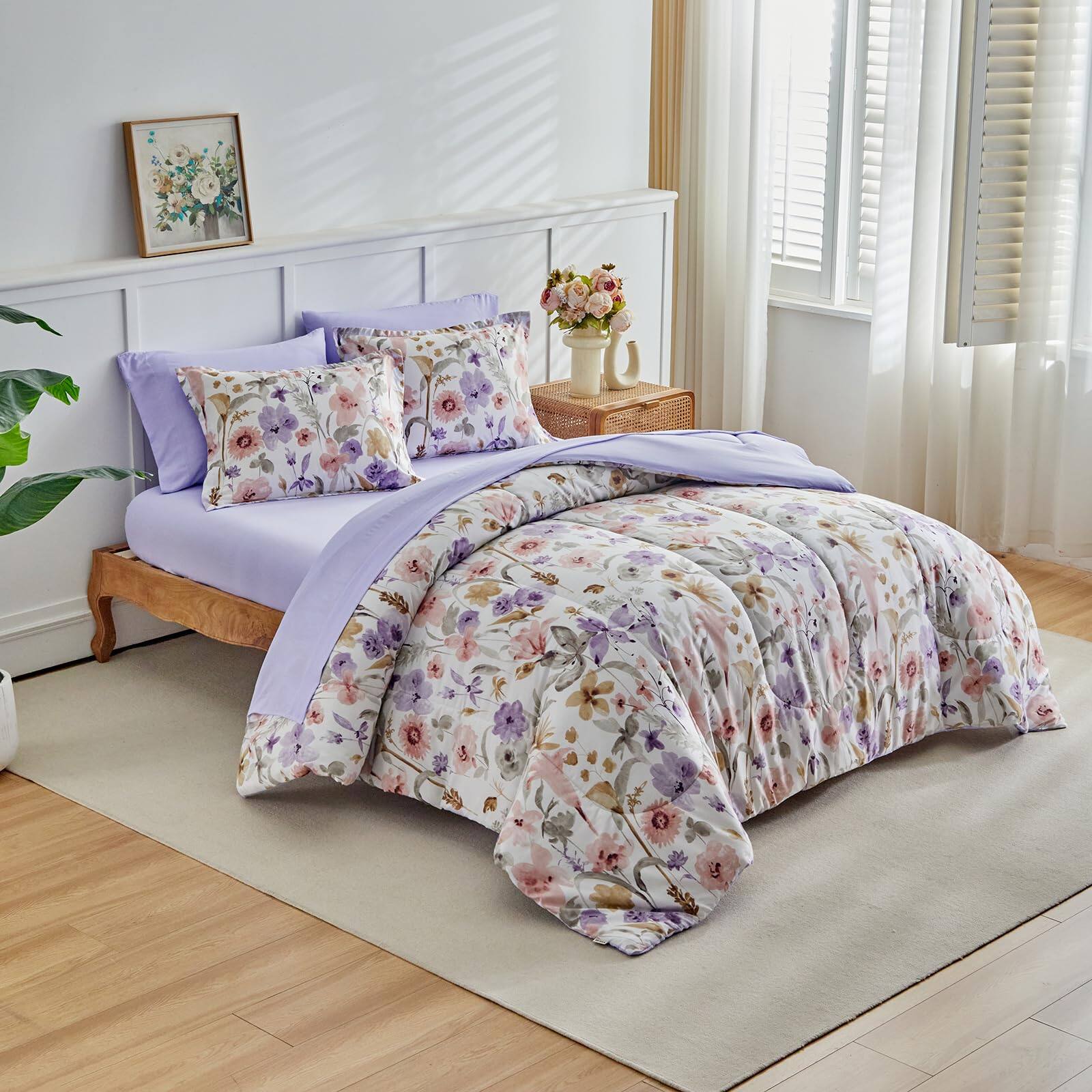 Left. PO3TICJUNKI3 - Floral Comforter Set 7 Pieces With Flowers Bed In A Bag Reversible Bedding 1 2 Pillow Shams 1 Flat Sheet - Light Pink Flower-Queen 7 Pieces.