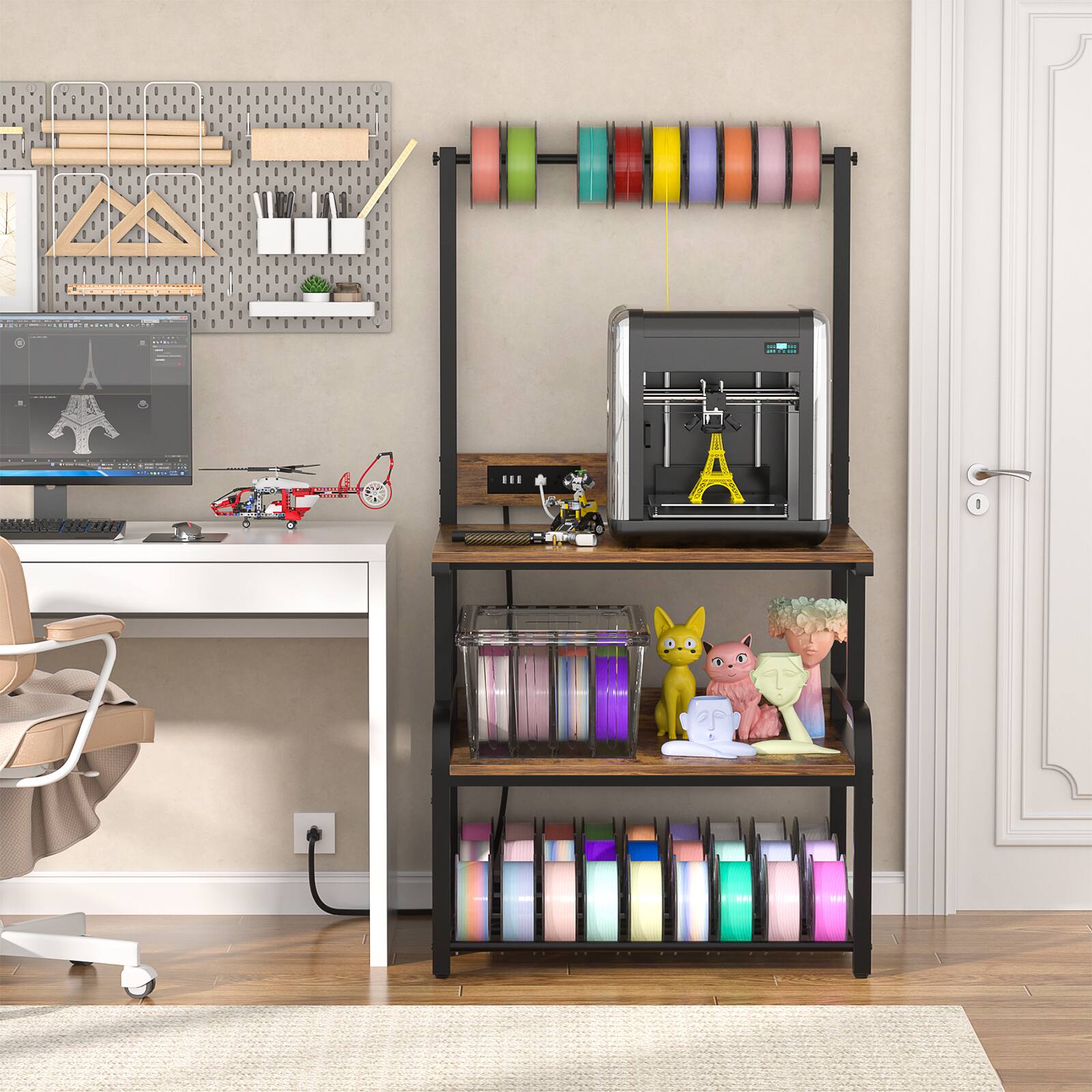 Left. Aheaplus - 3D Printer Stand with Power Outlets, 3-Tier Rolling Printer Stand with Filament Storage - Brown.