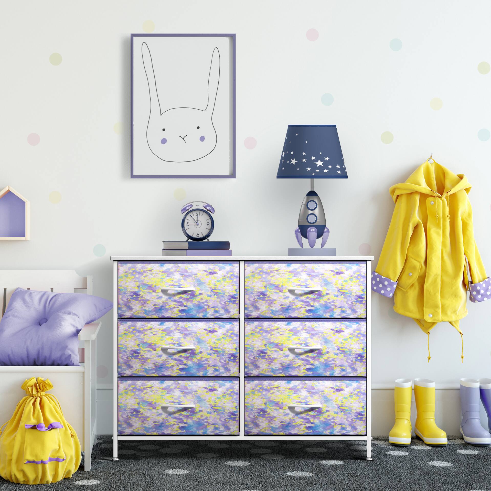 Alt View 4. Sorbus - Sorbus 6 Drawers Dresser- Storage Unit with Steel Frame, Wood Top, Fabric Bins - for Bedroom, Closet, Office and more - Tie dye yellow and purple.