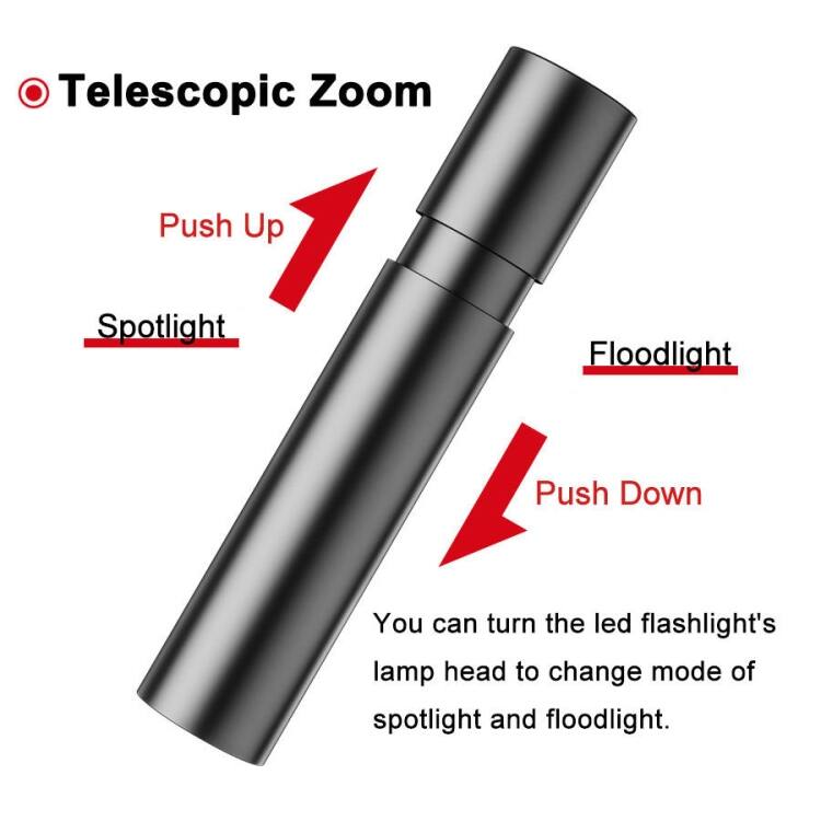 Telescopic Zoom

Push Up  
Spotlight

Push Down  
Floodlight

You can turn the LED flashlight's lamp head to change mode of spotlight and floodlight.