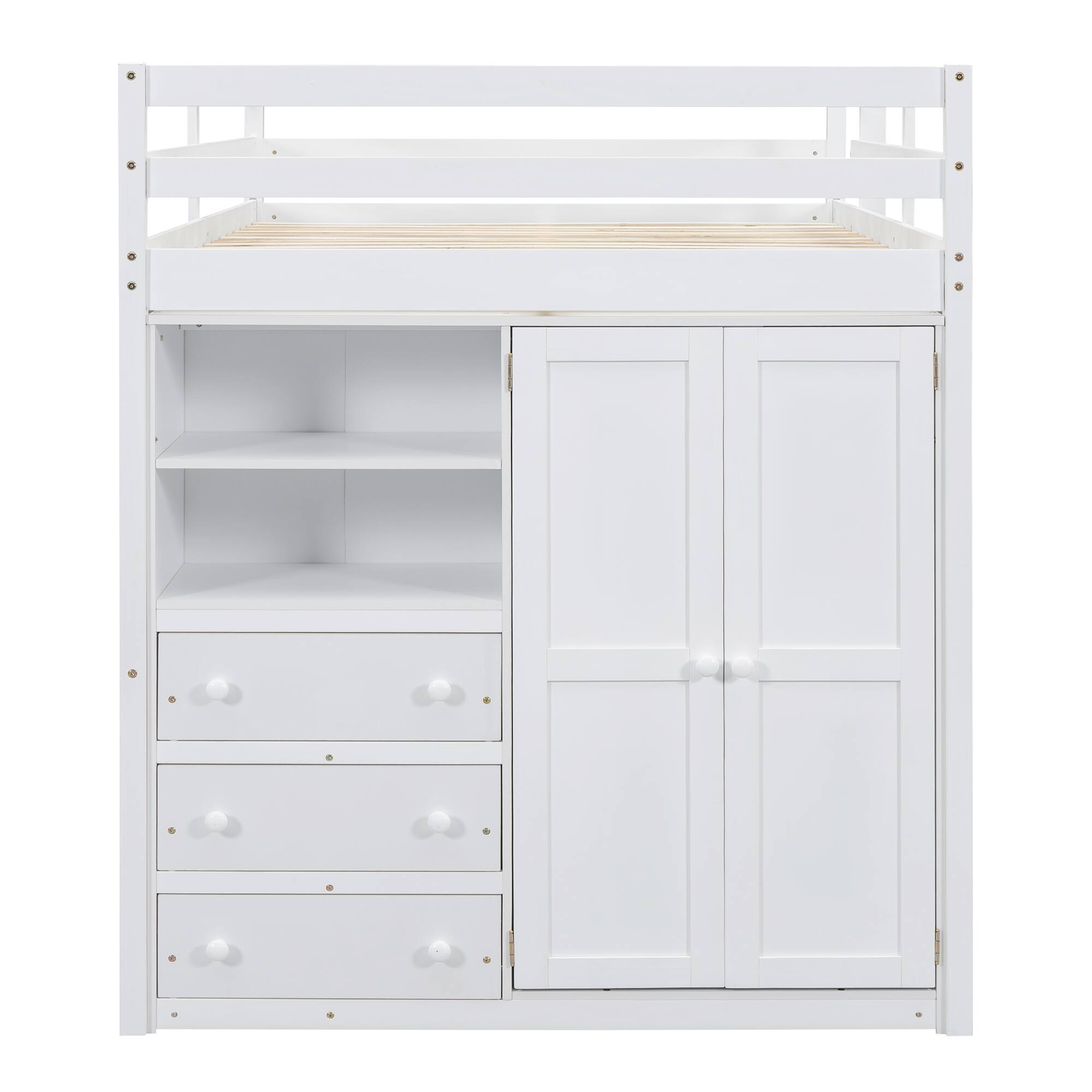 Alt View 1. Whisen - Full Size Loft Bed with Wardrobe, Desk, Storage Shelves and Drawers, Wood Bedroom Furniture - White.