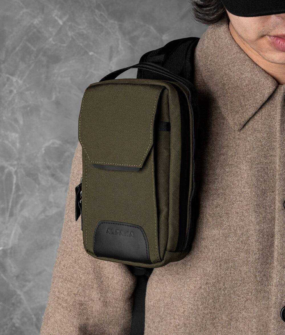 Alt View 3. ALPAKA - Durable Crossbody Phone Bag for iPhone Pro Max & Galaxy Ultra, Modular Sling V2 EDC Organizer, Weather-Resistant - Army Green Axogrid 300D.