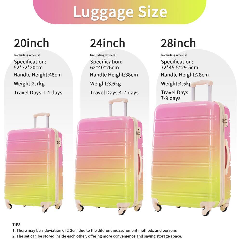 Luggage Size

20inch (including wheels)
- Specification: 52*32*20cm
- Handle Height: 48cm
- Weight: 2.7kg
- Travel Days: 1-4 days

24inch (including wheels)
- Specification: 62*40*26cm
- Handle Height: 38cm
- Weight: 3.6kg
- Travel Days: 4-7 days

28inch (including wheels)
- Specification: 72*45.5*29.5cm
- Handle Height: 28cm
- Weight: 4.5kg
- Travel Days: 7-9 days

TIPS
1. There may be a deviation of 2-3cm due to different measurement methods and persons.
2. The set can be stored inside each other, offering more convenience and saving storage space.