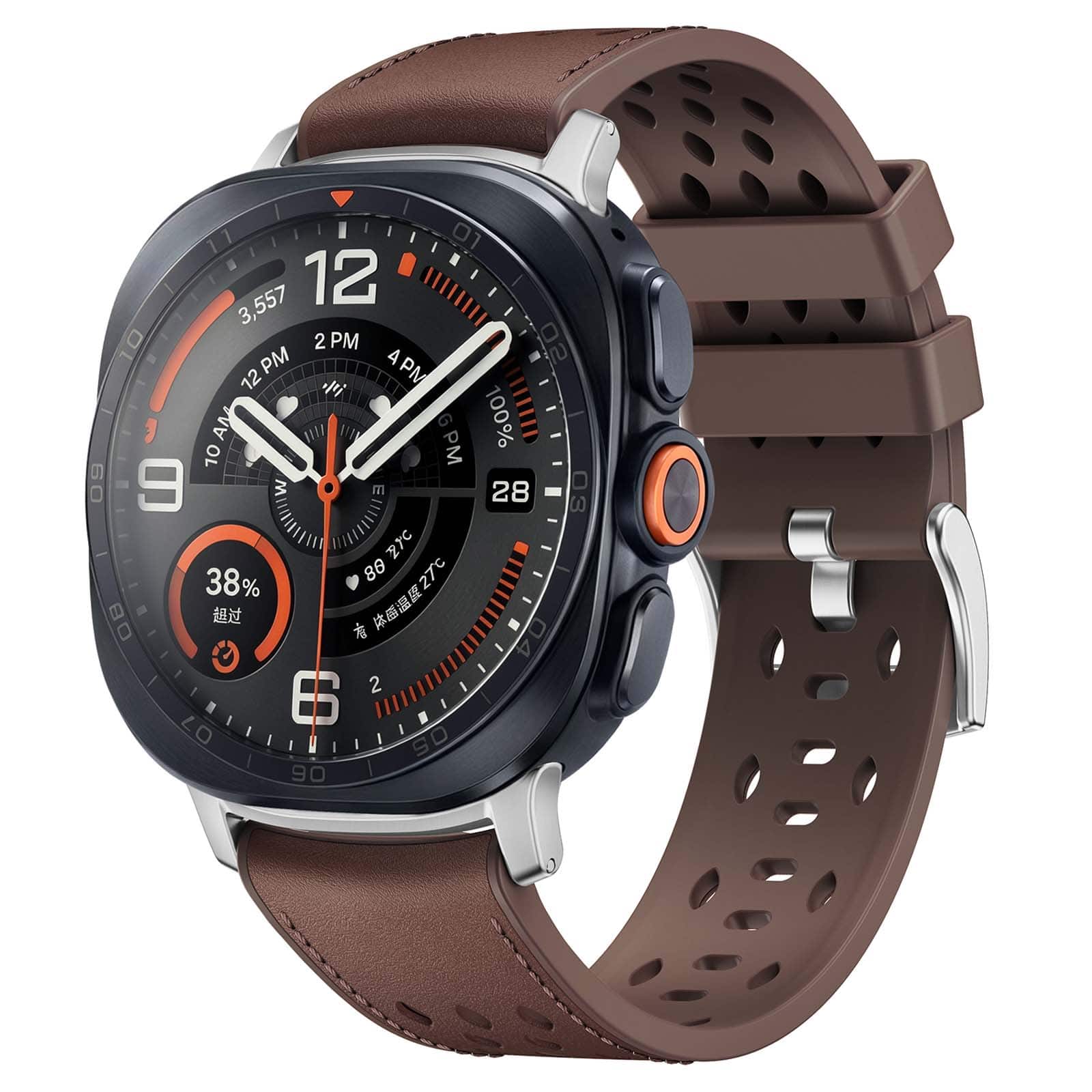 Dteck - Leather Band for Samsung Galaxy Watch Ultra 2/Ultra 47mm, Soft Breathable Sport Silicone + Leather Replacement Strap - Coffee