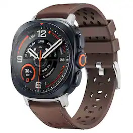 Dteck - Leather Band for Samsung Galaxy Watch Ultra 2/Ultra 47mm, Soft Breathable Sport Silicone + Leather Replacement Strap - Coffee