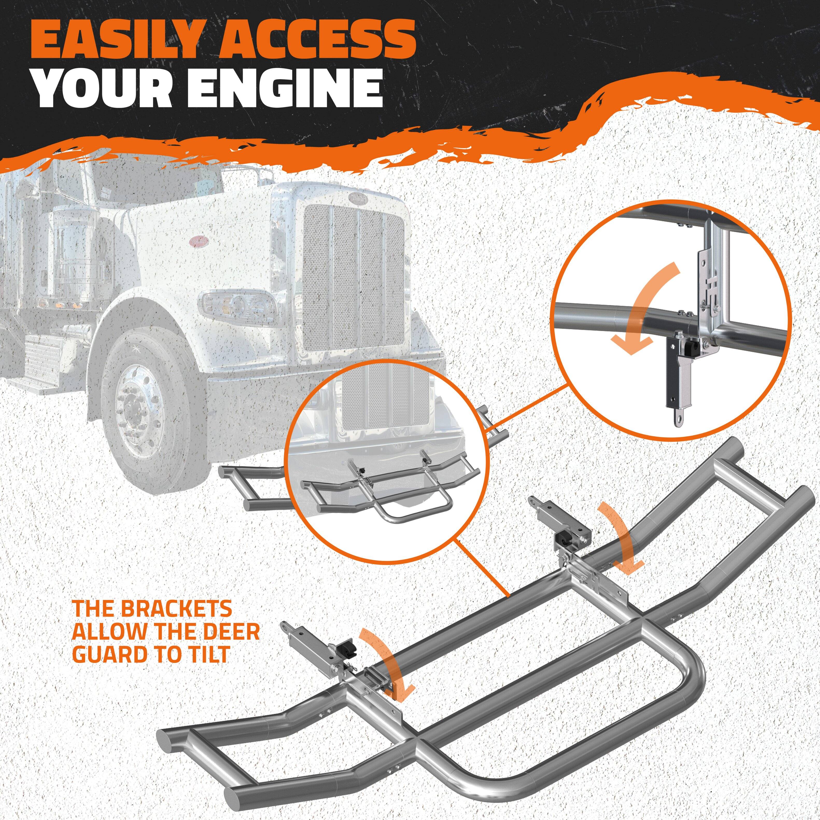 EASILY ACCESS YOUR ENGINE

THE BRACKETS ALLOW THE DEER GUARD TO TILT