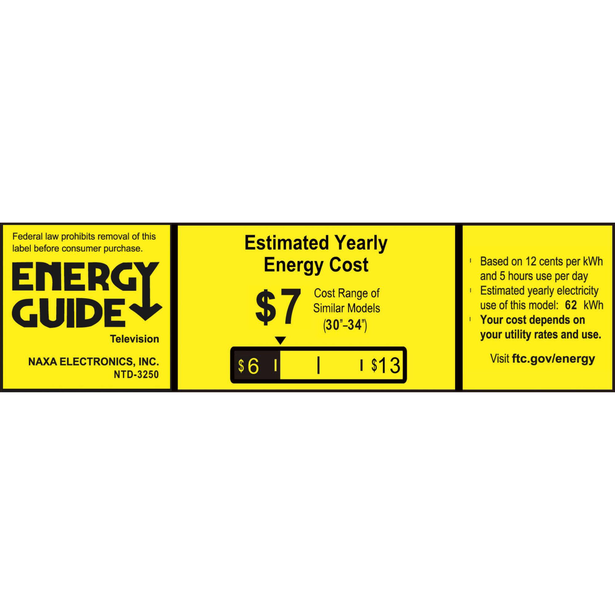 Federal law prohibits removal of this label before consumer purchase.

**ENERGY GUIDE**

Television  
NAXA ELECTRONICS, INC.  
NTD-3250

**Estimated Yearly Energy Cost**  
$7  
Cost Range of Similar Models (30"-34")  
$6 | $13

Based on 12 cents per kWh and 5 hours use per day  
Estimated yearly electricity use of this model: 62 kWh  
Your cost depends on your utility rates and use.  
Visit ftc.gov/energy