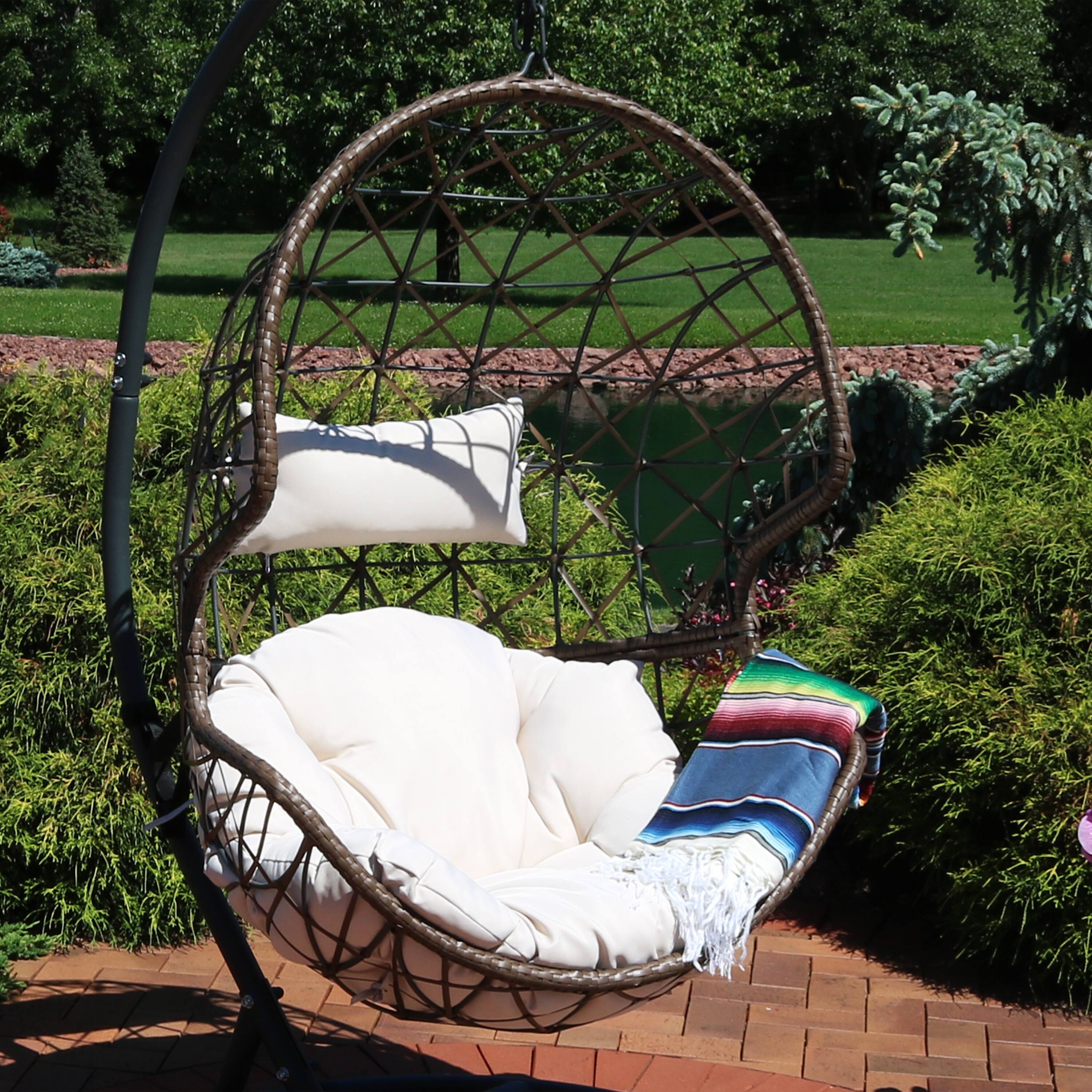 Alt View 3. Sunnydaze - Brown Resin Wicker Basket Hanging Egg Chair with Cushions - Beige Cushions.