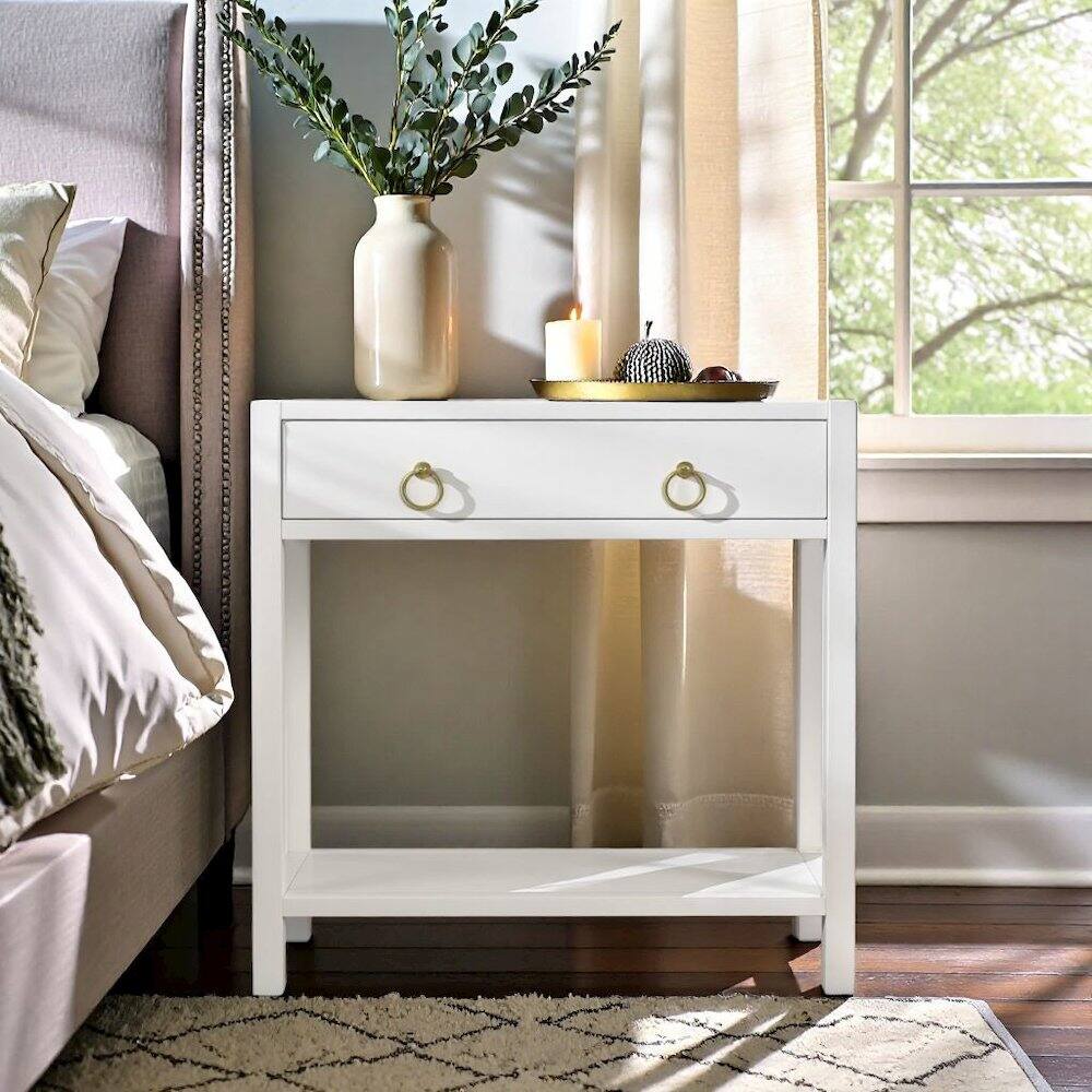 Alt View 4. Starlight Canyon Home - Wide White Nightstand with Drawer – 30 Inch Wood Nightstand for Bedroom - White.