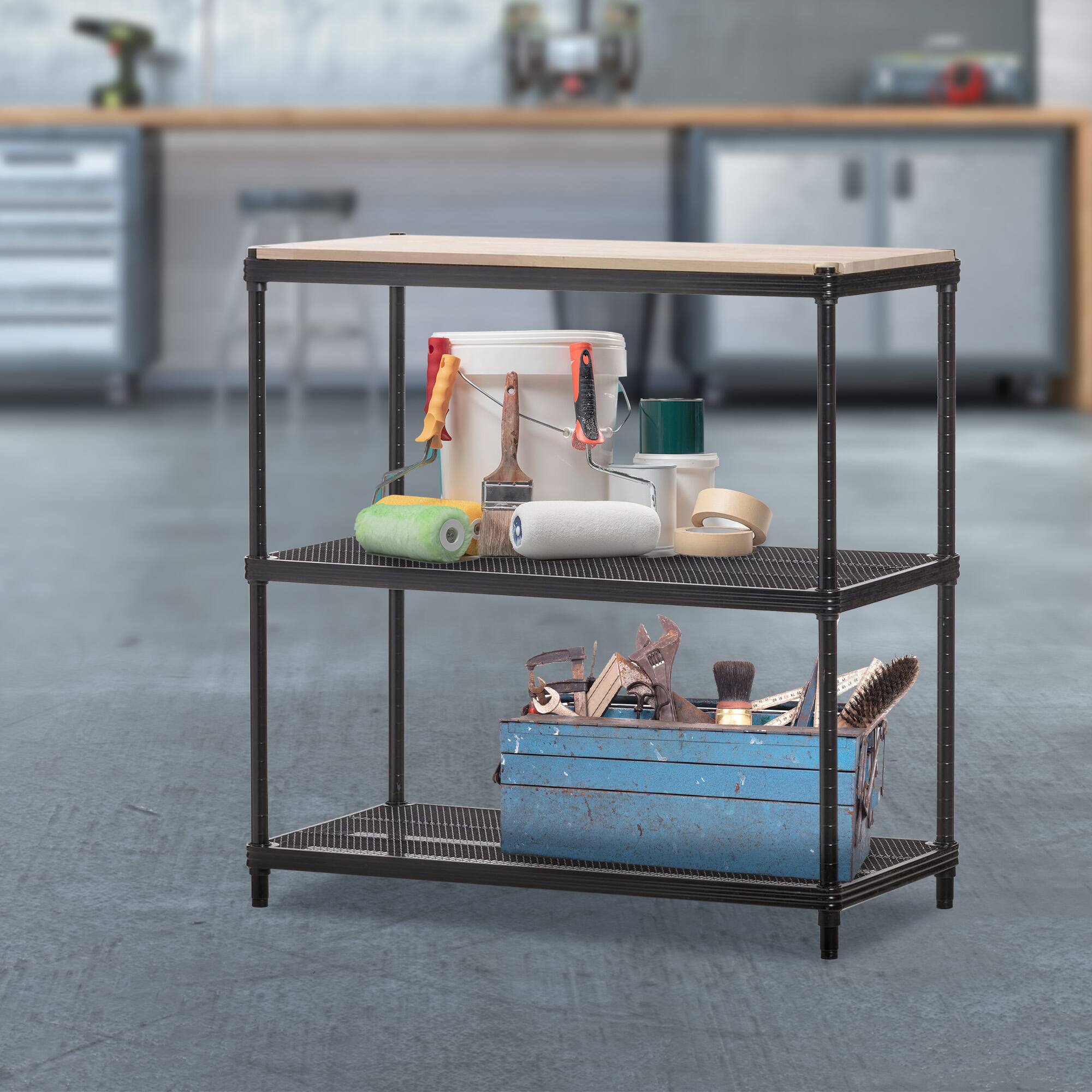 Alt View 3. Design Ideas - Design Ideas MeshWorks Shelving Rack, Metal Mesh Shelf Unit with Wood Top, Black - Black.