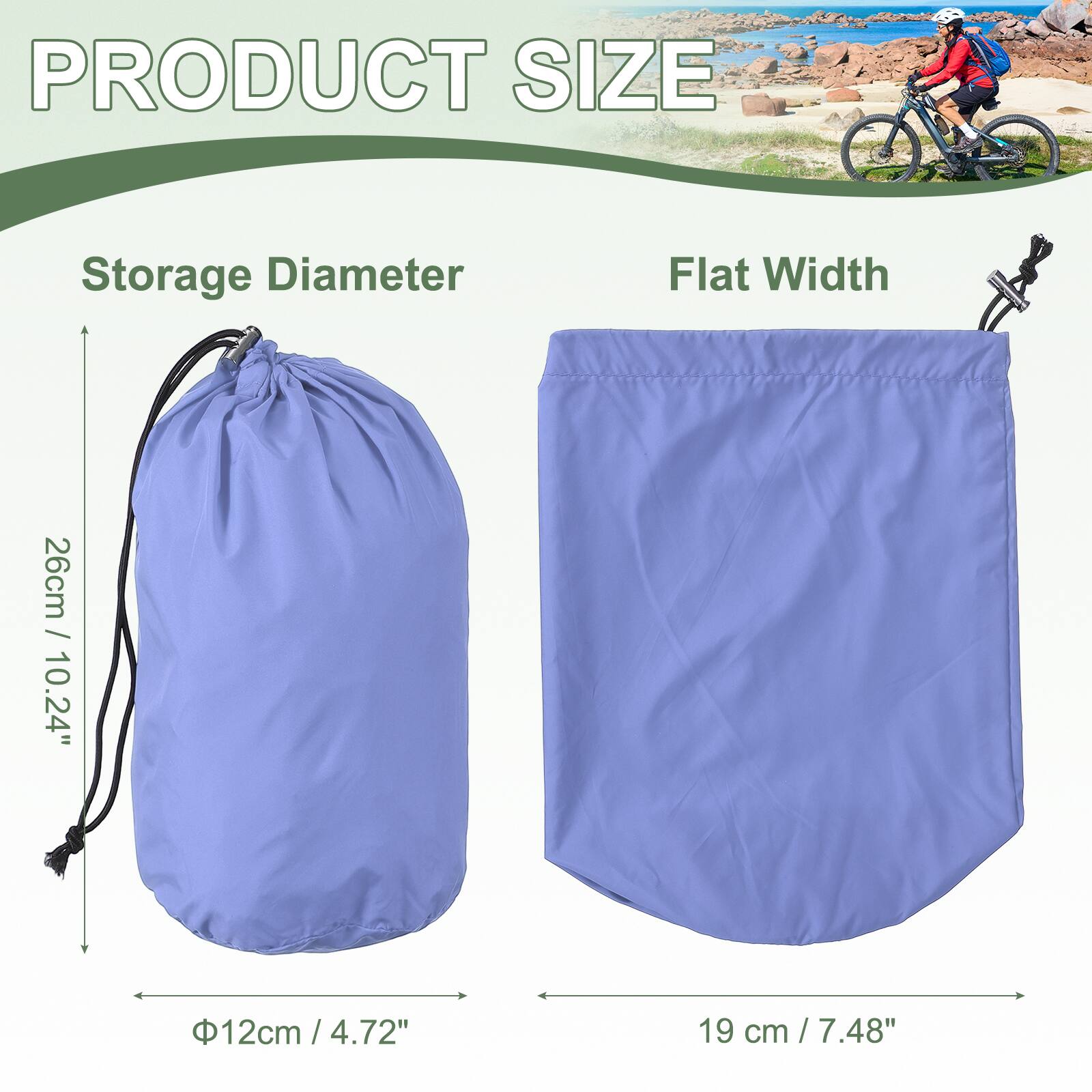 PRODUCT SIZE

Storage Diameter  
26cm / 10.24"  
Φ12cm / 4.72"

Flat Width  
19 cm / 7.48"