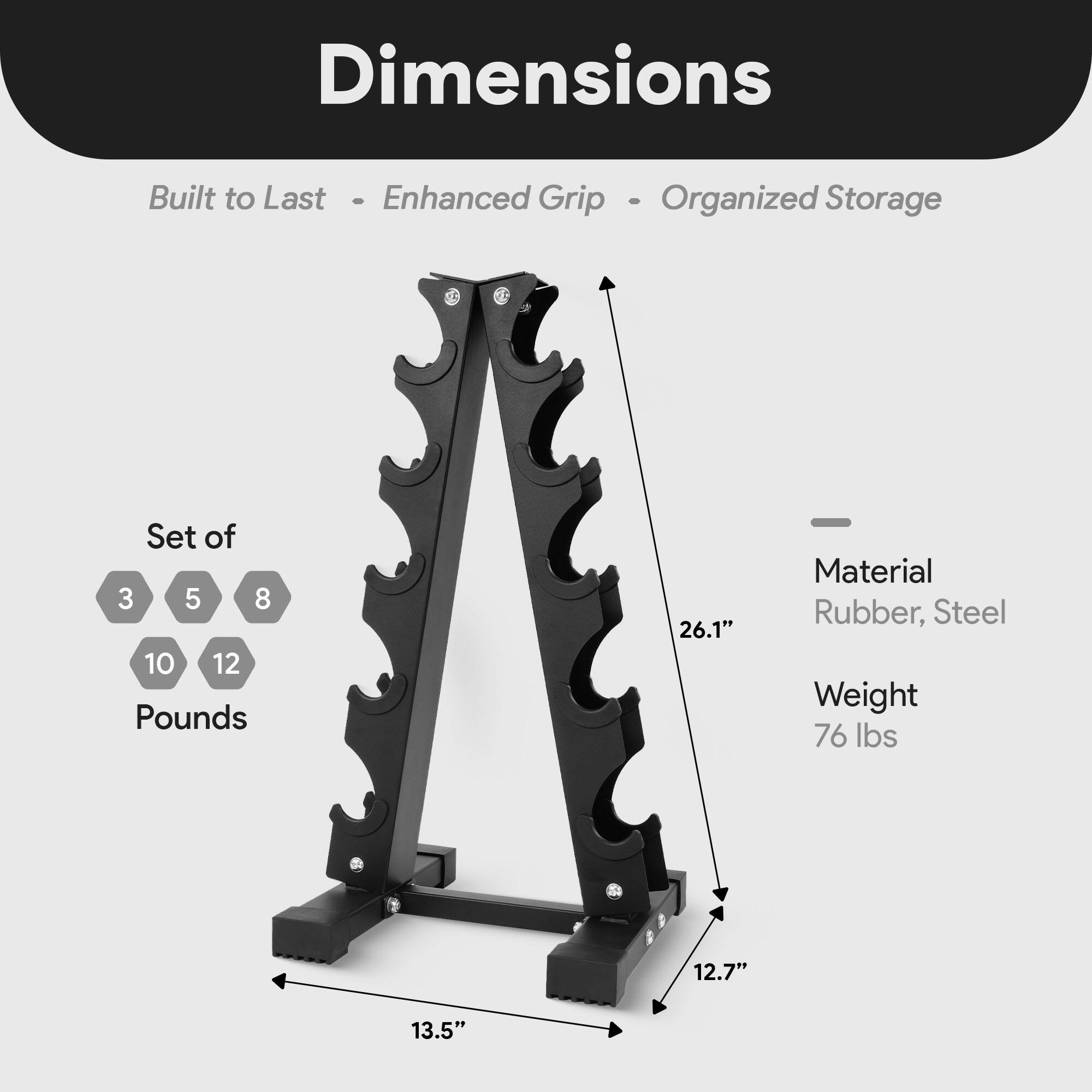 Dimensions  
Built to Last - Enhanced Grip - Organized Storage  

Set of 3, 5, 8, 10, 12 Pounds  

Material: Rubber, Steel  
Weight: 76 lbs  

Dimensions:  
- Height: 26.1"  
- Width: 13.5"  
- Depth: 12.7"