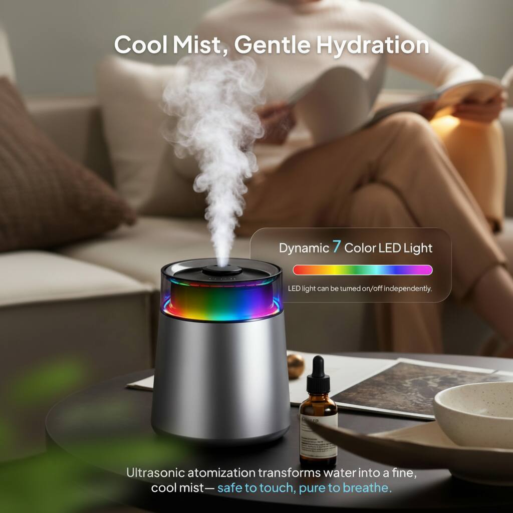 Cool Mist, Gentle Hydration

Dynamic 7 Color LED Light  
LED light can be turned on/off independently.

Ultrasonic atomization transforms water into a fine, cool mist—safe to touch, pure to breathe.