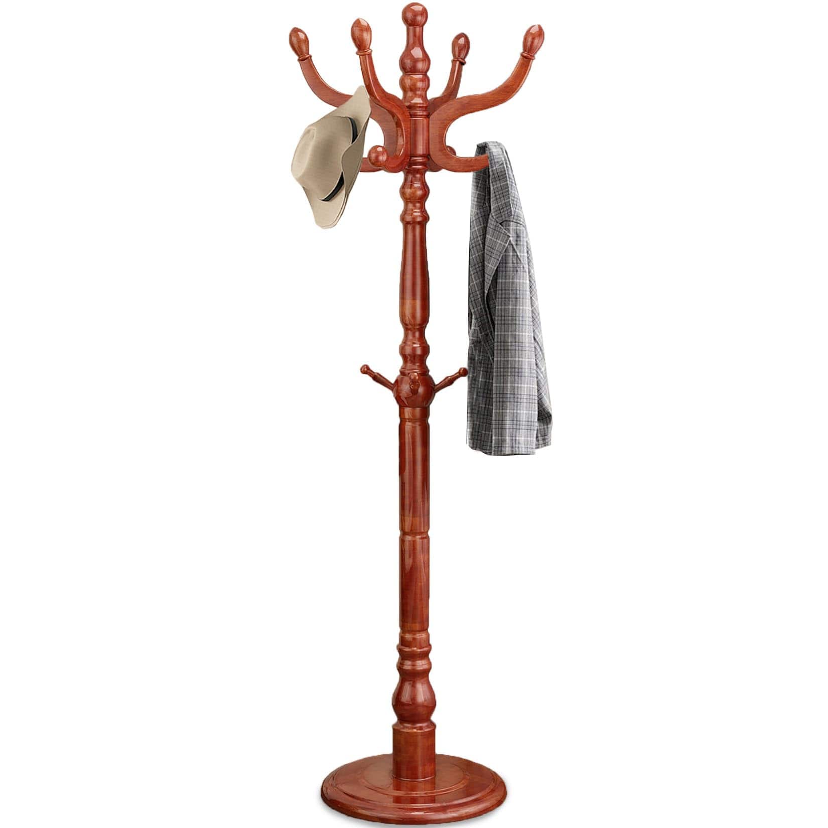HM 1810 - Wood Coat Rack Heavy Duty Freestanding With 11 Smooth Hooks Vintage Tree Clothes Hanger Stand Stable Disc - Light Brown