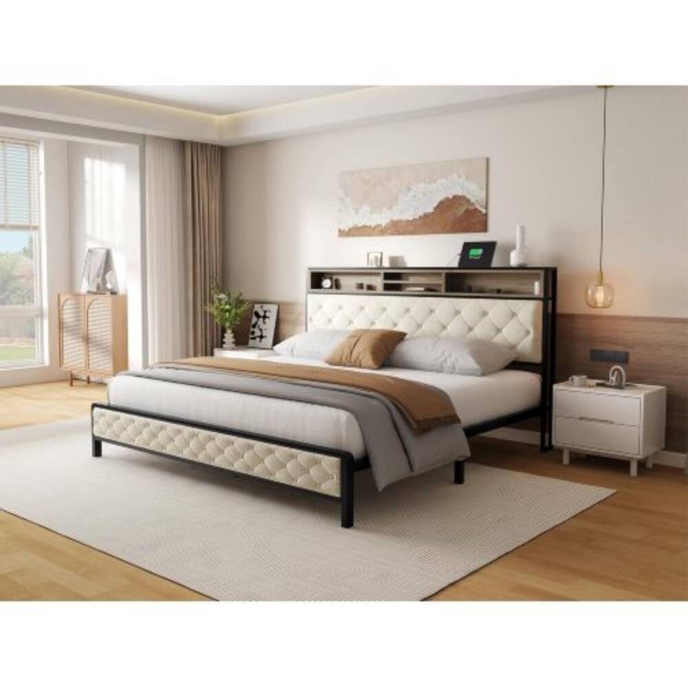 Alt View 2. LUCKY ONE - King Size Platform Bed Frame with Charging Station, Upholstered Storage Headboard and Footboard, Metal Slats - Beige,King.