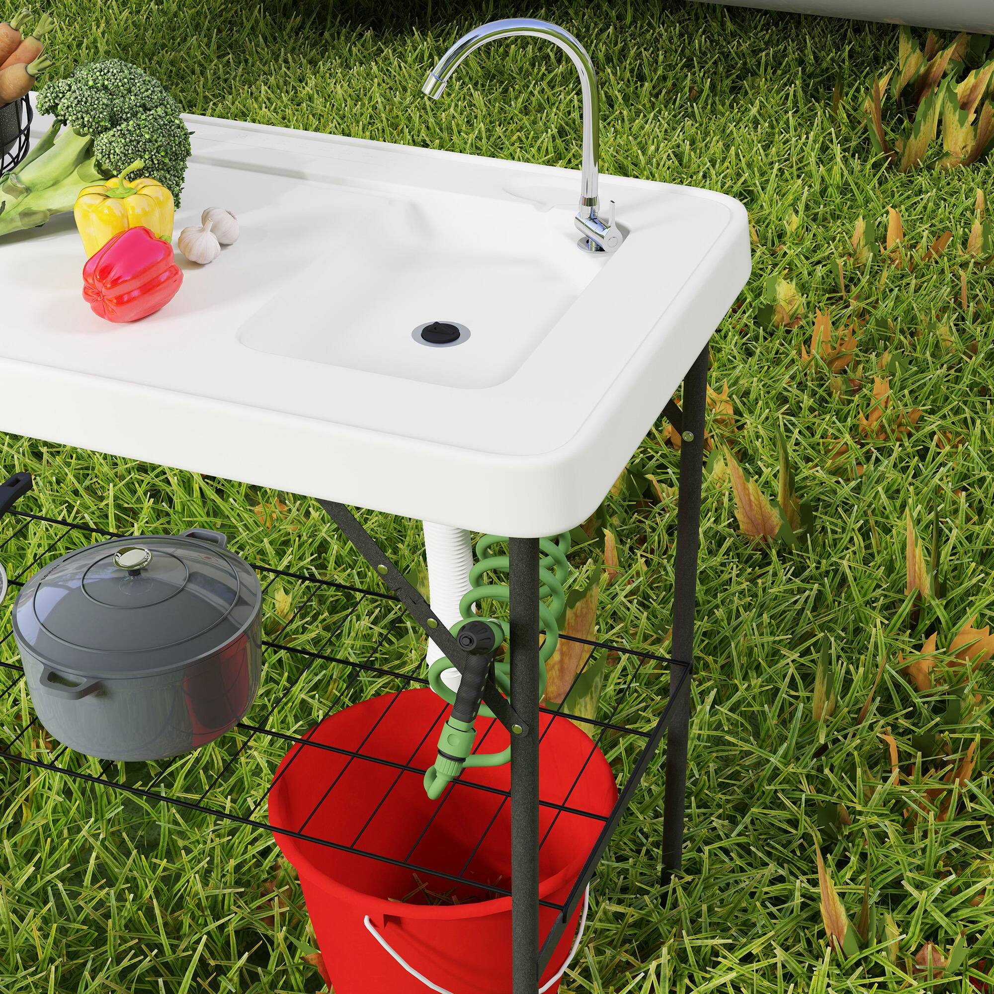 Alt View 8. Outsunny - Folding Fish Cleaning Table with Sink, Portable Camping Sink Station with Faucet, Drainage Hose, Sprayer - White.