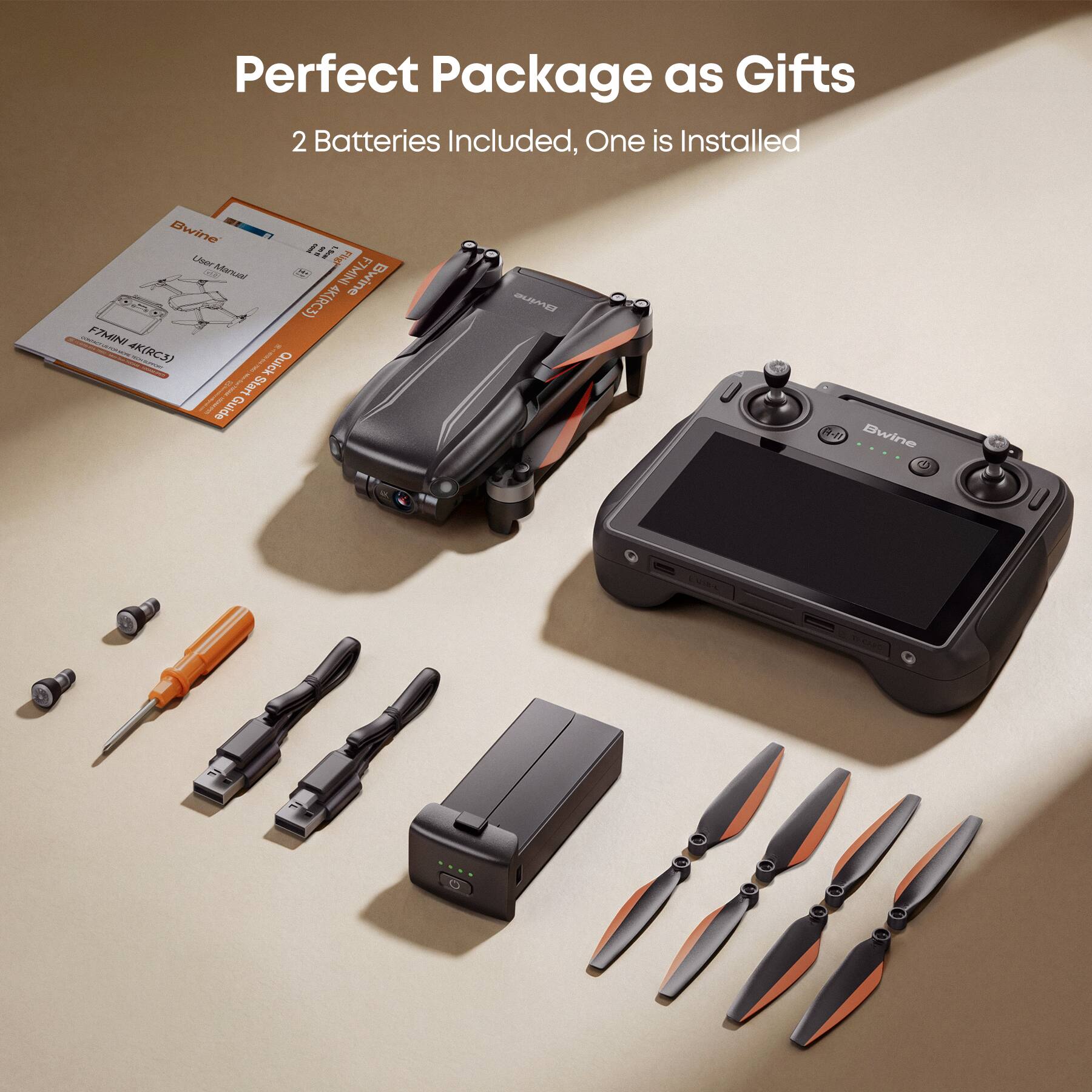Perfect Package as Gifts  
2 Batteries Included, One is Installed  

Bwine Lher f m Manuan i Bwine  
F7MINI 4KIRC3  
Quick Start Galidle D A-1