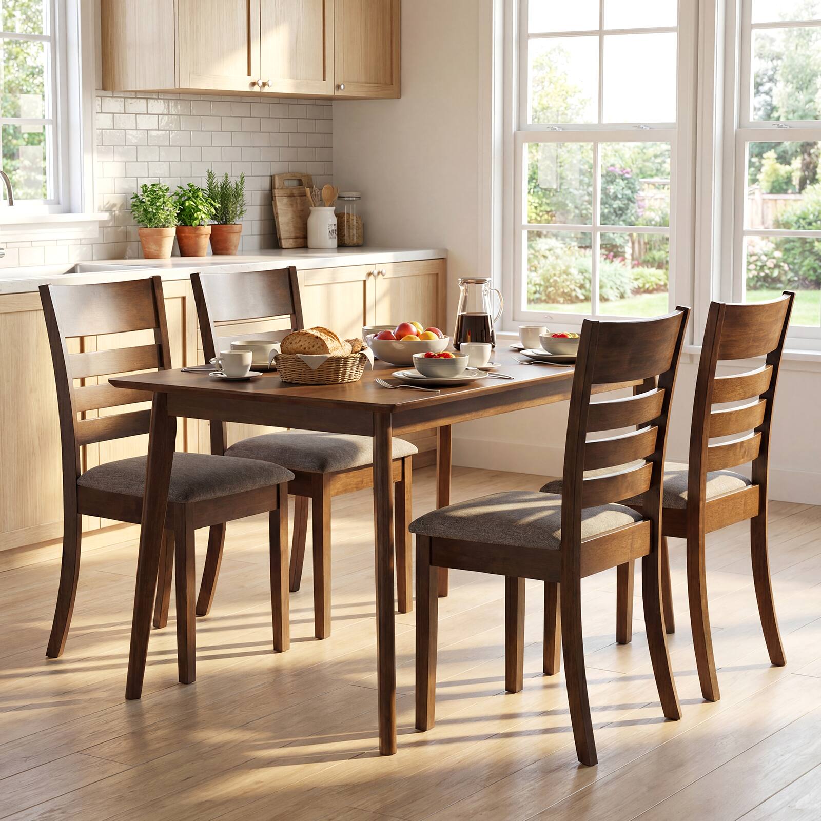 Alt View 1. Costway - Costway Wooden Dining Chairs Set of 4 with Rubber Wood Frame, Curved Slatted Backrest - Light Brown.