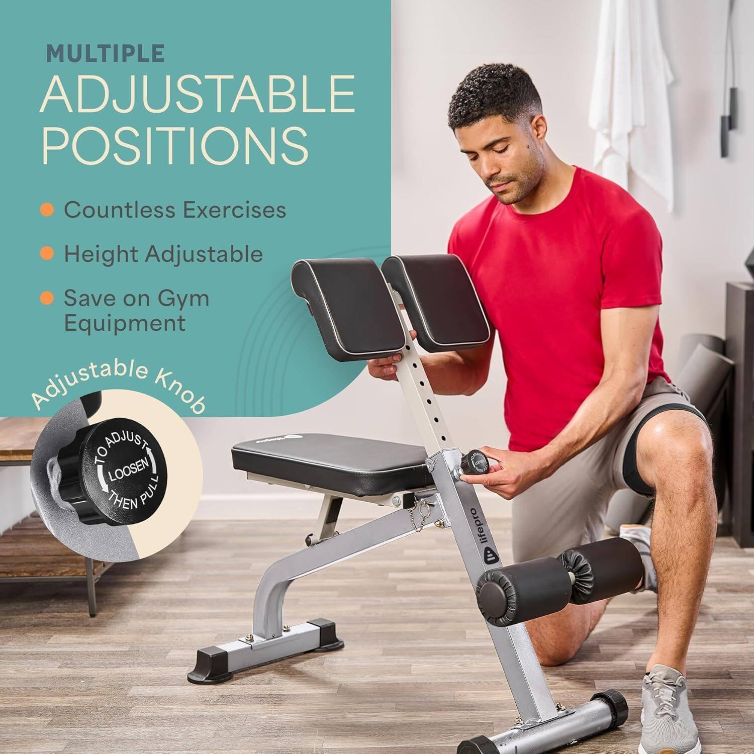 MULTIPLE ADJUSTABLE POSITIONS  
- Countless Exercises  
- Height Adjustable  
- Save on Gym Equipment  

Adjustable Knob  
ADJUST TO LOOSEN THEN PULL  

lifepro