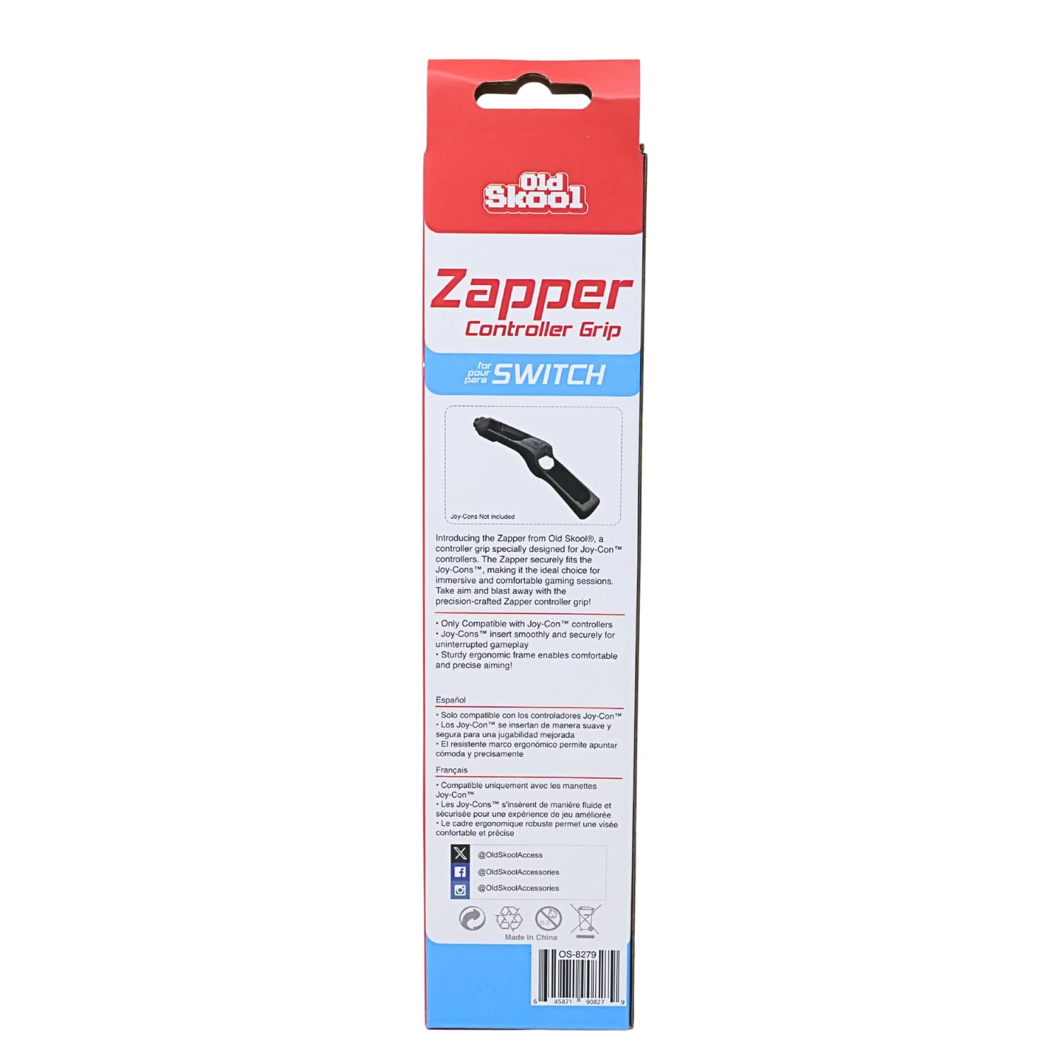 Old Skool  
Zapper Controller Grip  
for pour SWITCH para  
Joy Cons no included  

Introducing the Zapper from Old Skool 1 controller grip specially designed for Joy-Con controllers. The Zapper securely fits the Joy-Cons making it the ideal choice for immersive and comfortable gaming sessions. Take aim and blast away with the precision-crafted Zapper controller grip!  

Only Compatible with Joy-Con controllers Joy-Cons insert smoothly and securely for uninterrupted gameplay Sturdy ergonomic frame enables comfortable and precise aiming!  

Español: Sólo compatible con los controladores Joy-Con - LOS Joy-Con se insertan de manera segura para una jugabilidad mejorada y resistente marco ergonómico permite apuntar cómoda y precisamente  

Français: Compatible uniquement avec les manettes Joy-Con - Les Joy-Con s'insèrent de manière fluide et sécurise pour une expérience de jeu améliorée Le cadre ergonomique robuste permet une visée confortable et précise  

@OldSkoolAccess  
@OldSkoolAccessorie