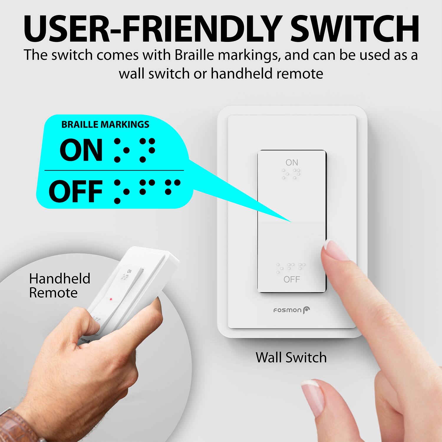 USER-FRIENDLY SWITCH
The switch comes with Braille markings, and can be used as a wall switch or handheld remote
BRAILLE MARKINGS
ON OFF
ON
Handheld Remote
OFF
Fosmon
Wall Switch