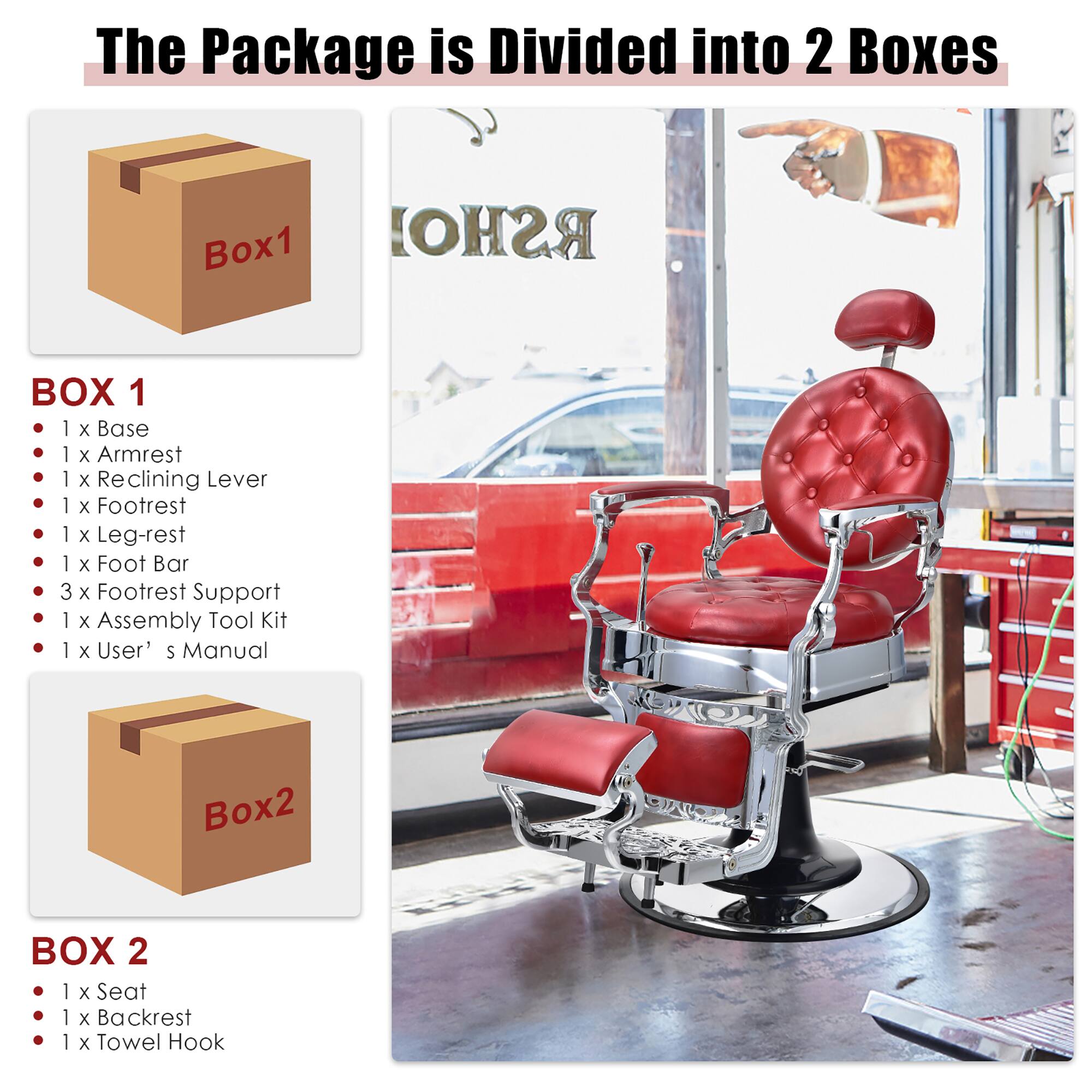 The package is divided into two boxes: Box 1 and Box 2. Box 1 contains the following items: x Base, x Armrest, x Reclining Lever, x Footrest, x Leg-rest, x Foot Bar, 3 x Footrest Support, 1 x Assembly Tool Kit, and 1 x User's Manual. Box 2 contains the following items: x Seat, x Backrest, and 1 x Towel Hook.