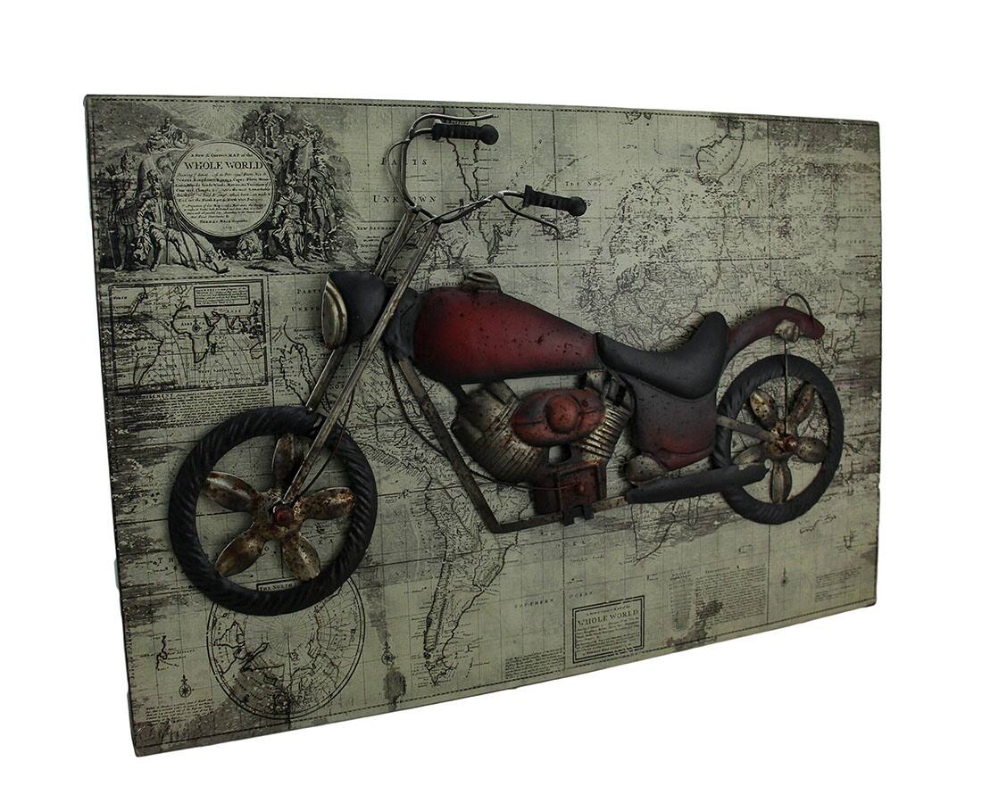 Zeckos - World of Adventure Vintage V-Twin Motorcycle Sculpture On Wood Map Wall Hanging - Red