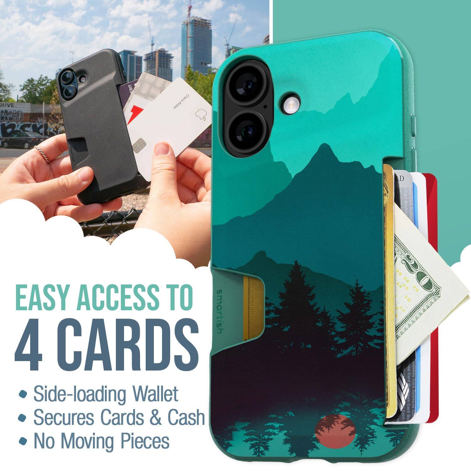 EASY ACCESS TO 4 CARDS

- Side-loading Wallet
- Secures Cards & Cash
- No Moving Pieces