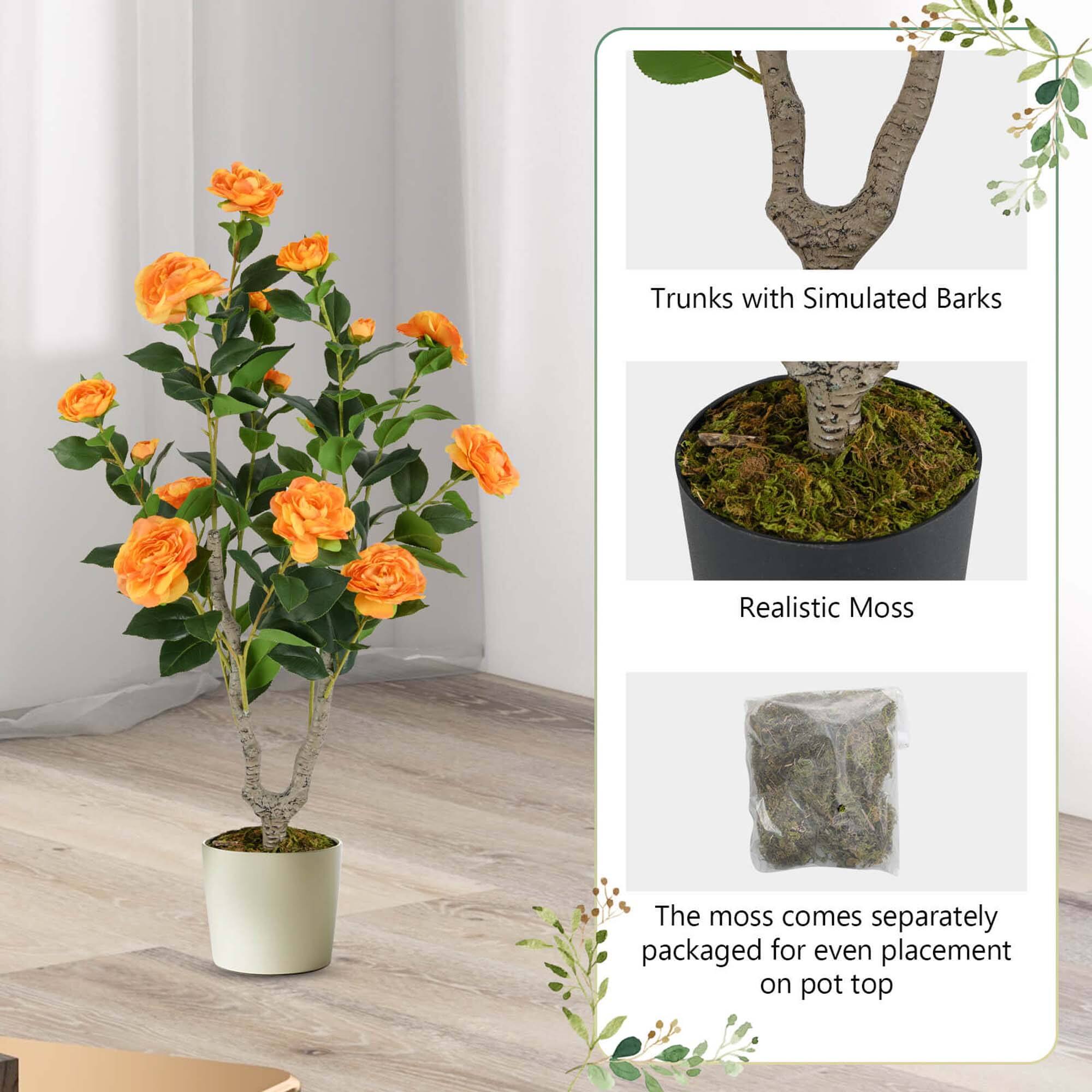 The text on the image can be grouped and corrected as follows:

- "Trunks with Simulated Bark"
- "Realistic Moss"
- "The moss comes separately packaged for even placement on pot top"

This text describes the features of a decorative plant with realistic moss and simulated bark, which is packaged separately for easy placement.
