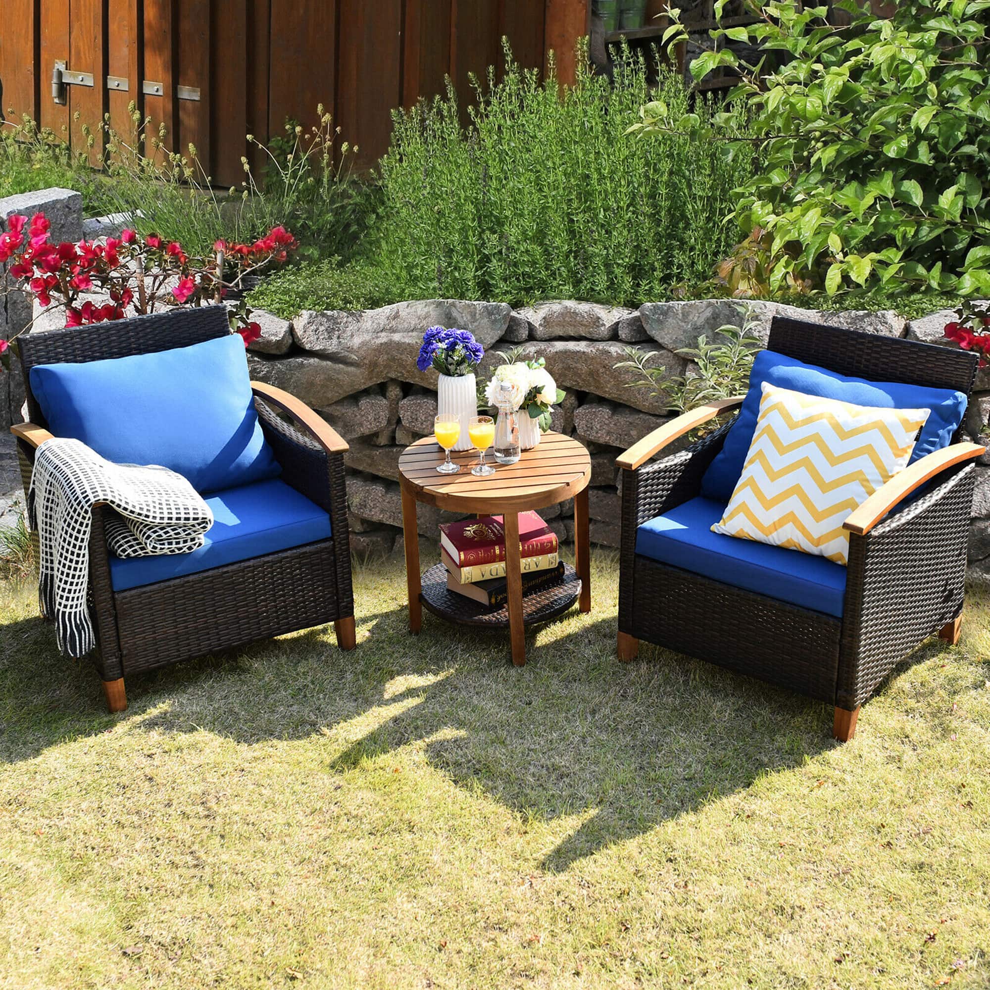 Gymax - 3PCS Patio Wicker Rattan Conversation Set Outdoor Furniture Set w/ Cushion - as pic price history on PriceWatchPro