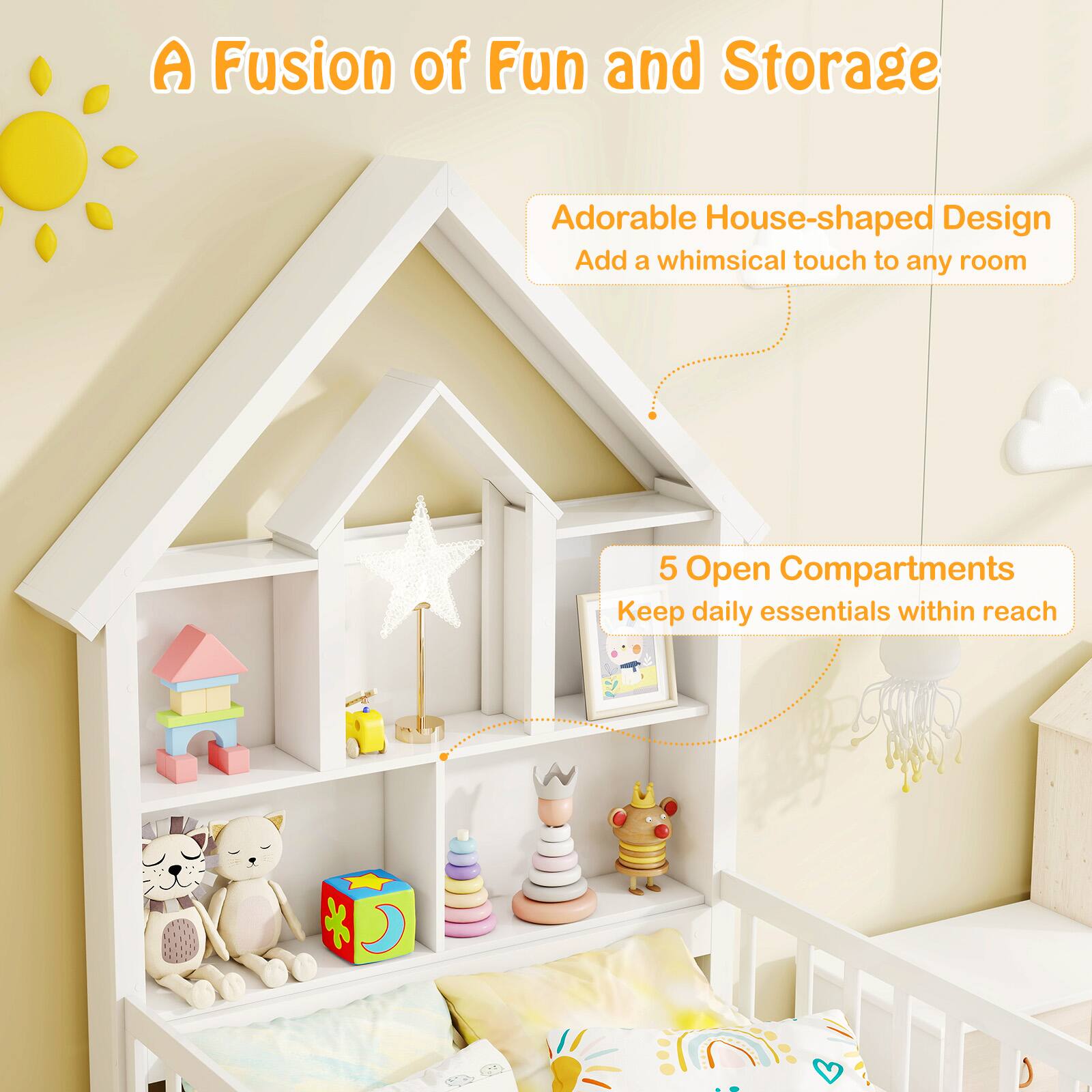 A Fusion of Fun and Storage, Adorable House-shaped Design, Add a whimsical touch to any room, 5 Open Compartments, Keep daily essentials within reach