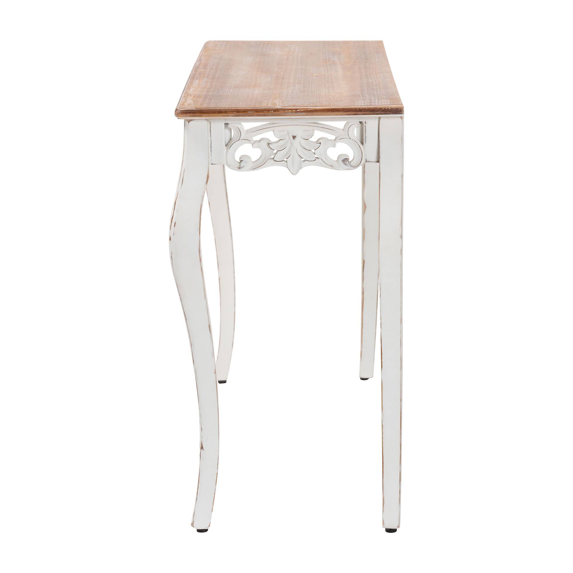 Left. Baxton Studio - Riquin Distressed Wood Console Table - Carved Wood Accent Table with Floral Motif and Two-Tone Finishing - Natural Brown/White.