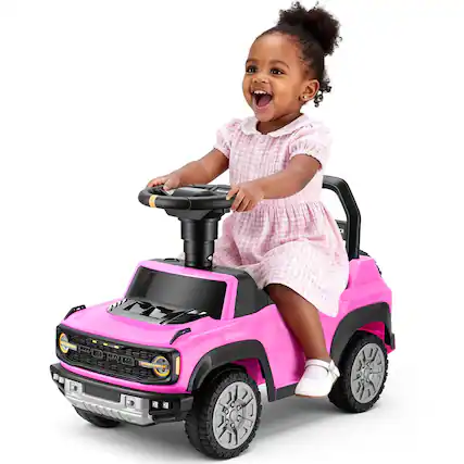 Front. FIRST RIDE ON - Licensed Ford Bronco Raptor Toddler Push Car, Toddler Foot-to-Floor Ride on Car w/Horn, Music & Hidden Storage - Pink.
