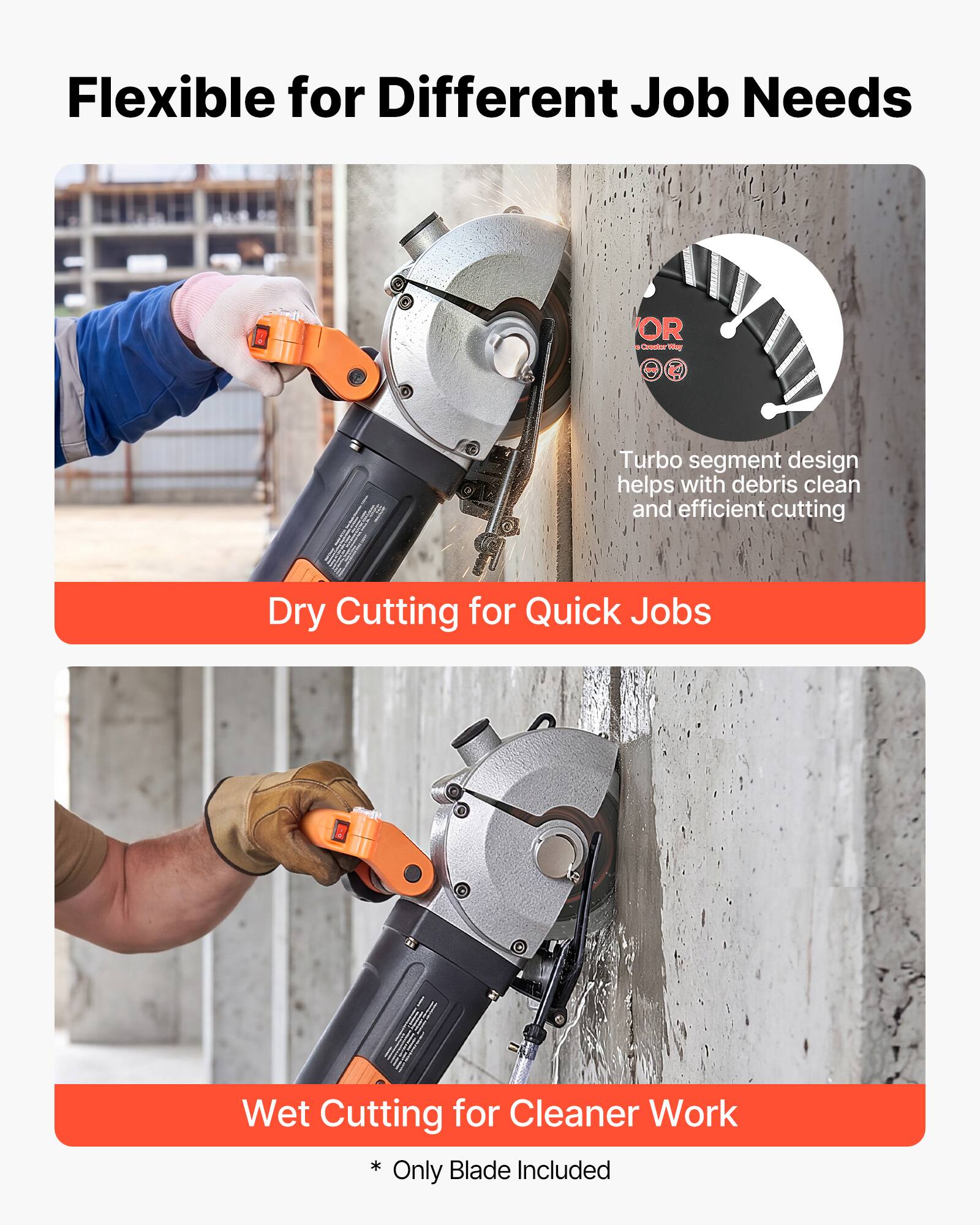Flexible for Different Job Needs

- Turbo segment design helps with debris clean and efficient cutting
- Dry Cutting for Quick Jobs
- Wet Cutting for Cleaner Work

* Blade Included Only