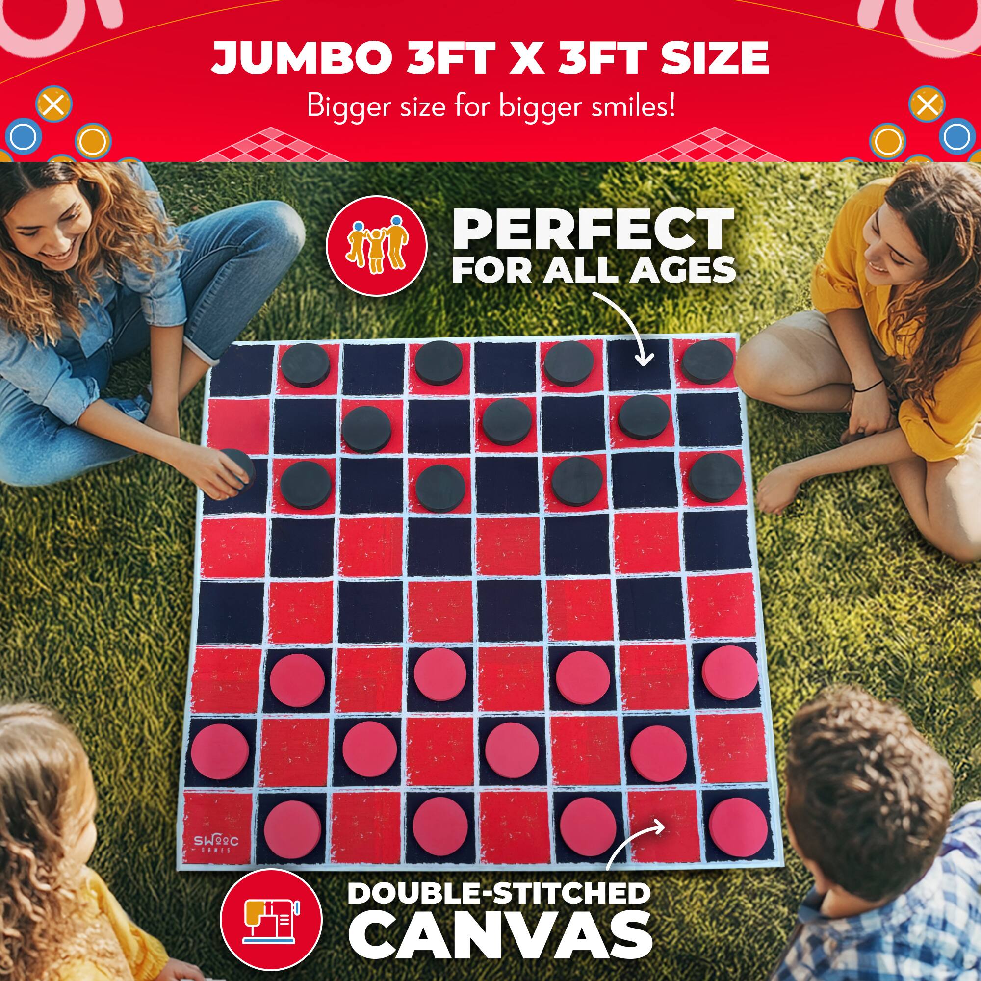 JUMBO 3FT X 3FT SIZE  
Bigger size for bigger smiles!  

PERFECT FOR ALL AGES  

DOUBLE-STITCHED CANVAS