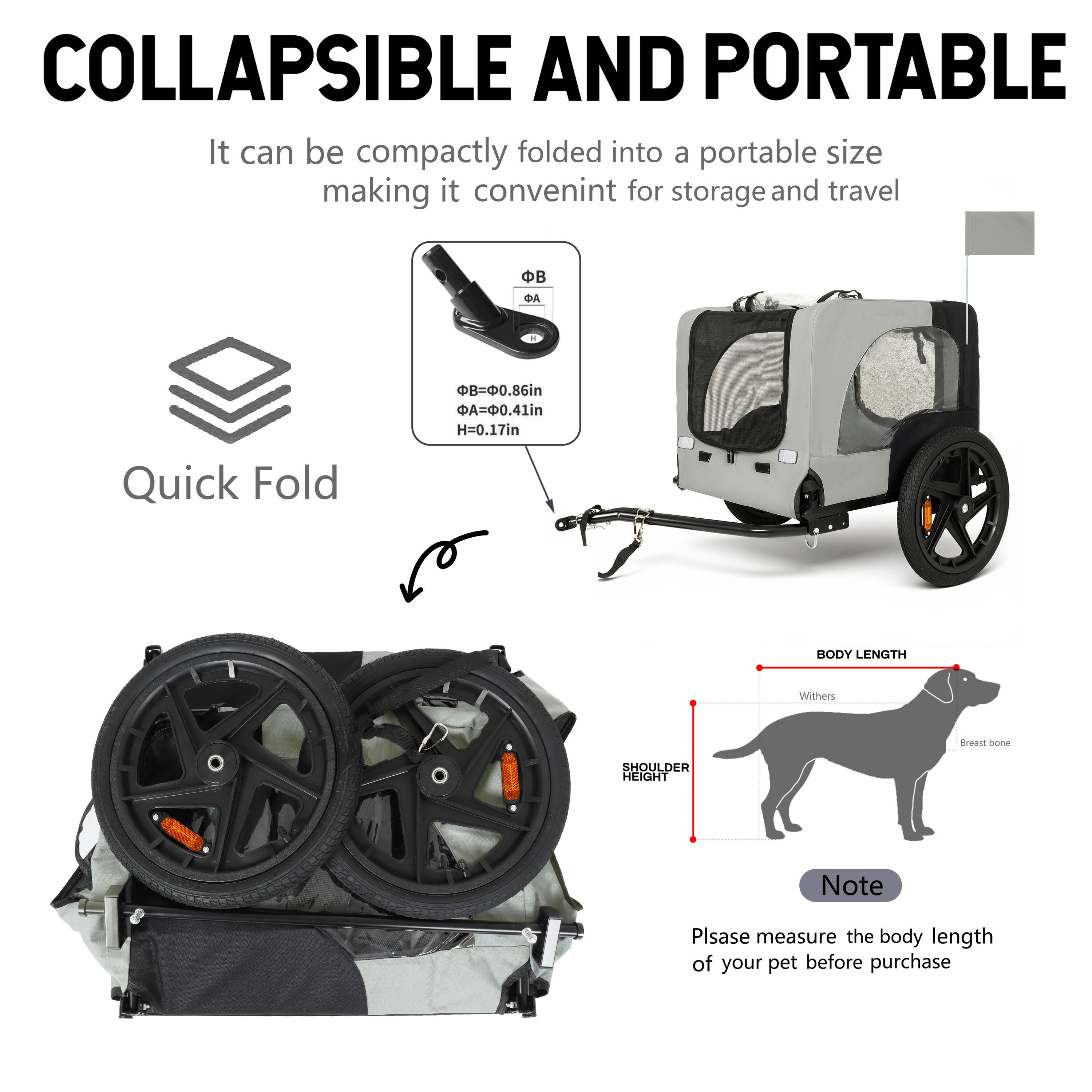 **COLLAPSIBLE AND PORTABLE**

It can be compactly folded into a portable size making it convenient for storage and travel

- Quick Fold
  - ØB = 0.86in
  - ØA = 0.41in
  - H = 0.17in

- BODY LENGTH
  - Withers
  - Breast bone

- SHOULDER HEIGHT

**Note**
Please measure the body length of your pet before purchase