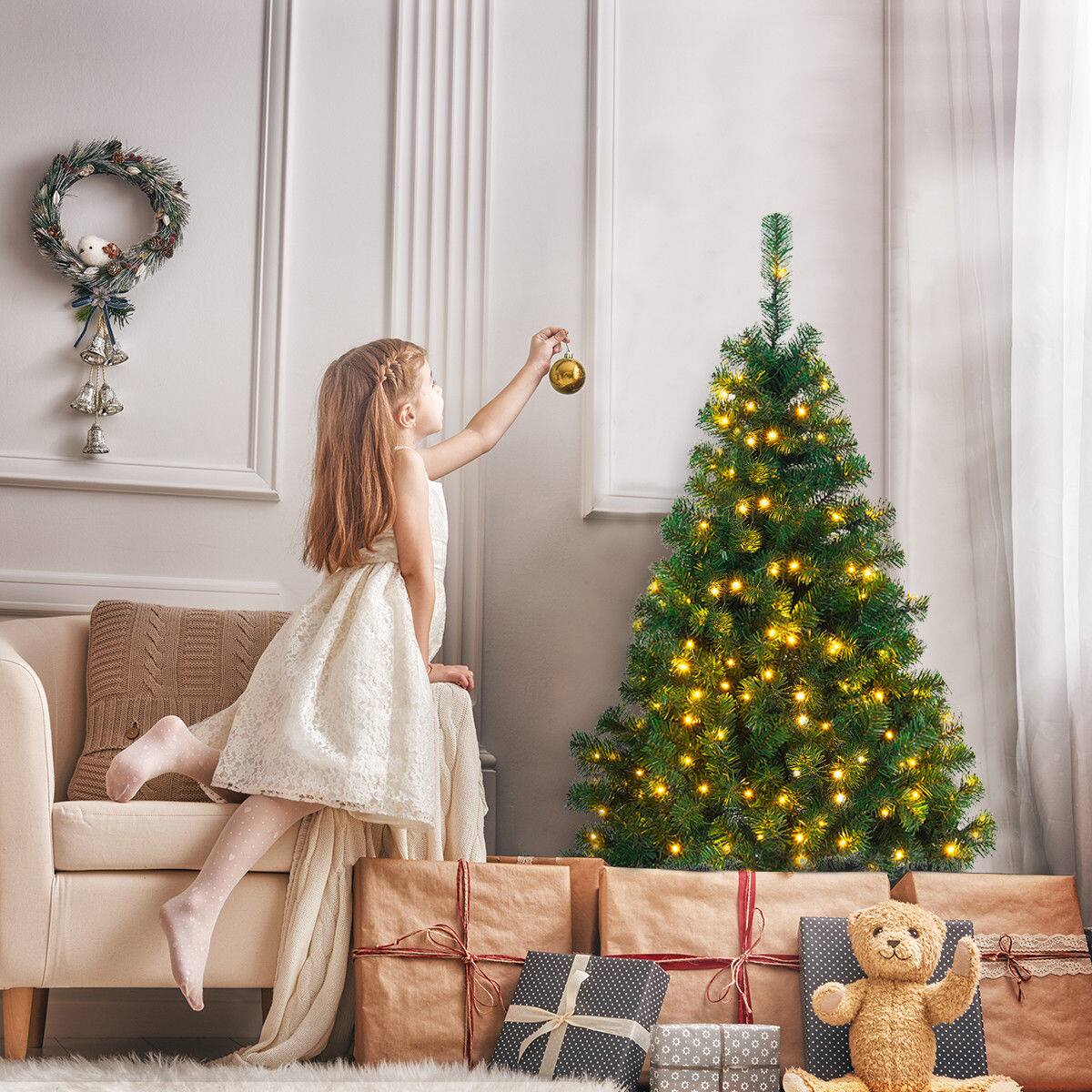 Alt View 9. Gymax - Gymax Pre-lit 4.5Ft Christmas Tree Hinged Artificial PVC with LED Light Holiday Decor - Green.