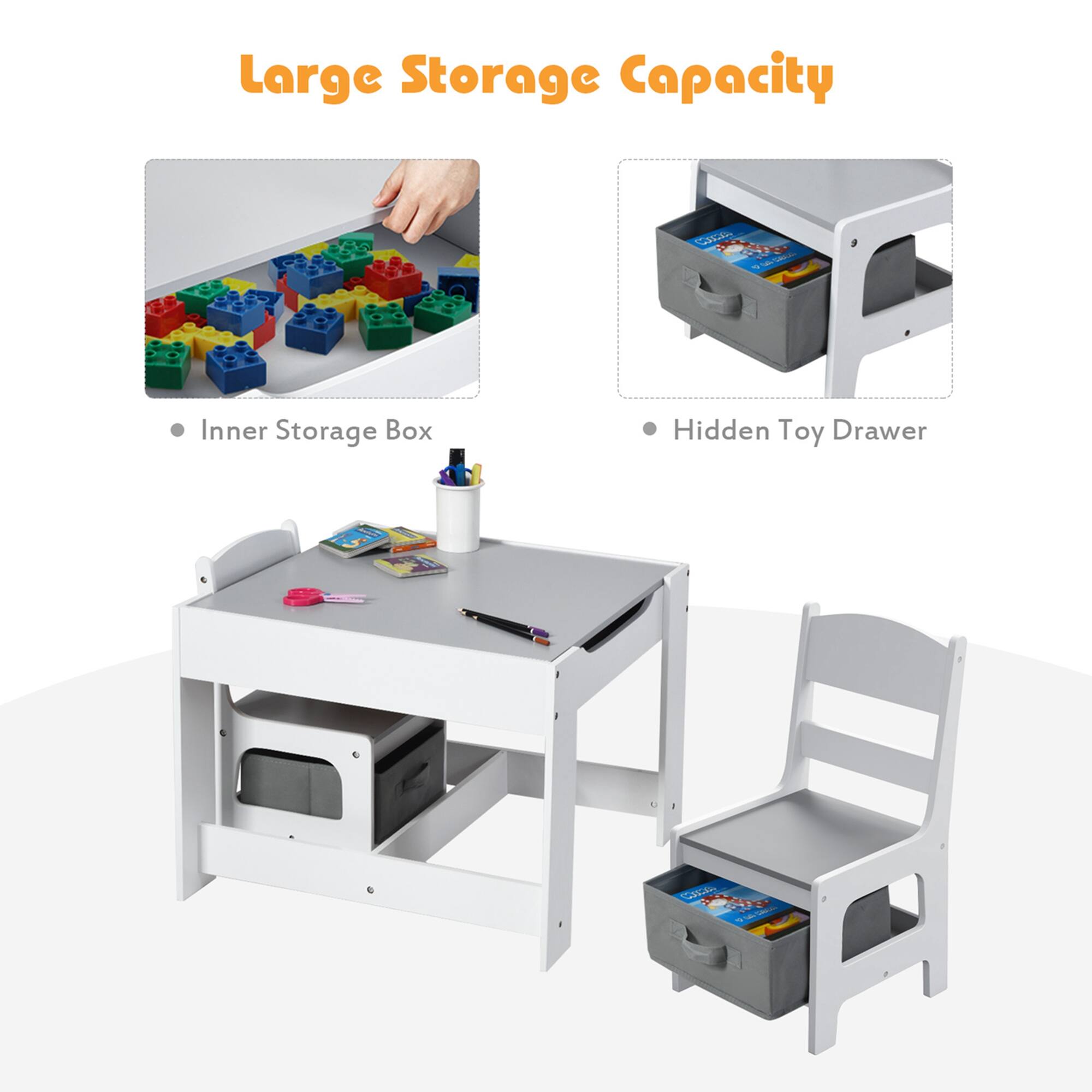 Large Storage Capacity
Inner Storage Box
Hidden Toy Drawer